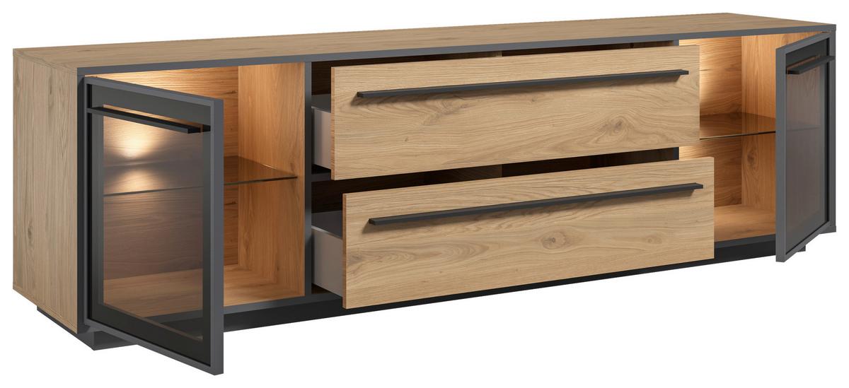 TV-Lowboard Nadiro B: 187 cm Wildeiche Dekor/Schwarz Matt - Eichefarben/Schwarz, Trend, Glas/Holzwerkstoff (187/55/40cm) - Livetastic