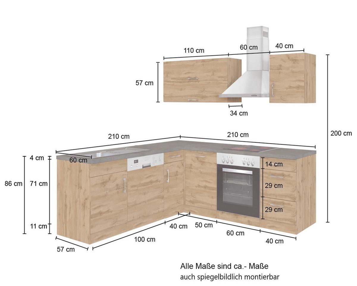 Eckküche Winkelblock Mit Geräten 210x210 cm Weiß - Eiche Wotan/Weiß, MODERN, Holzwerkstoff (210/210cm) - Held