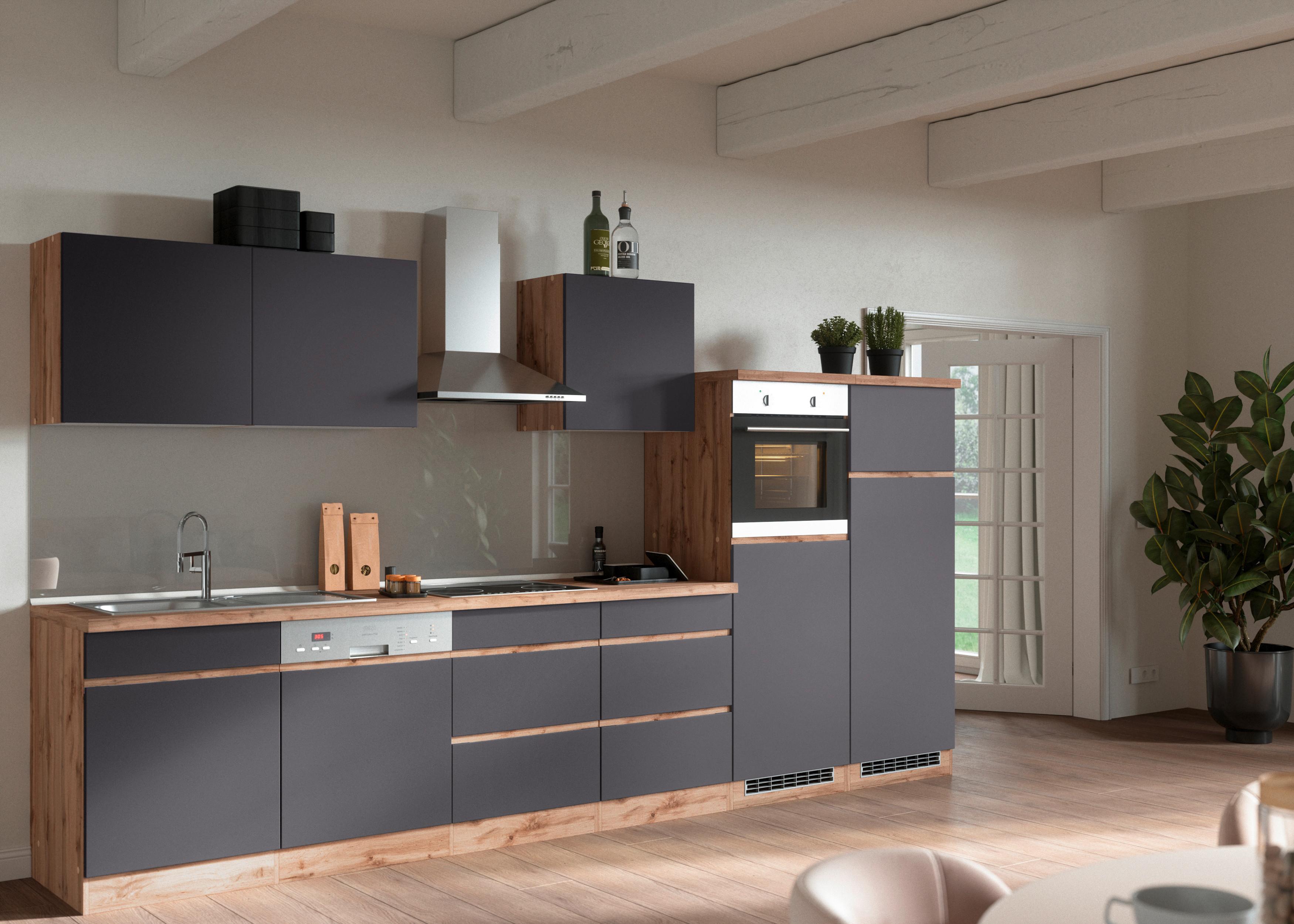 Küchenzeile Turin mit Geräte B: 360cm Grau/Wotaneiche Dekor - Eiche Wotan/Grau, Design, Holzwerkstoff (360cm) - Held