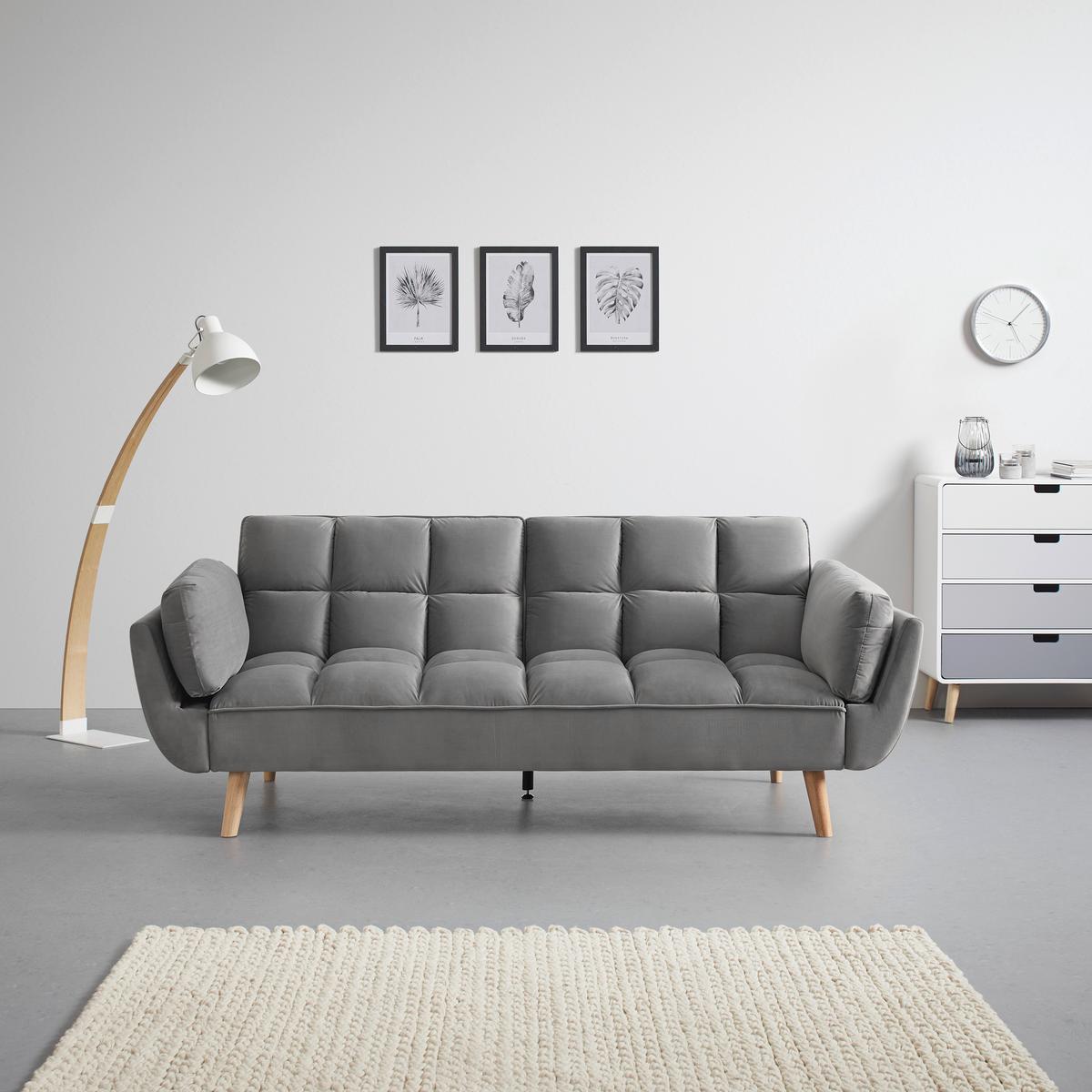 Rozkladacia pohovka CORA, sivý zamat, max. 360 kg - sivá/prírodná farba, Modern, drevo/textil (214/92/81cm) - Bessagi Home