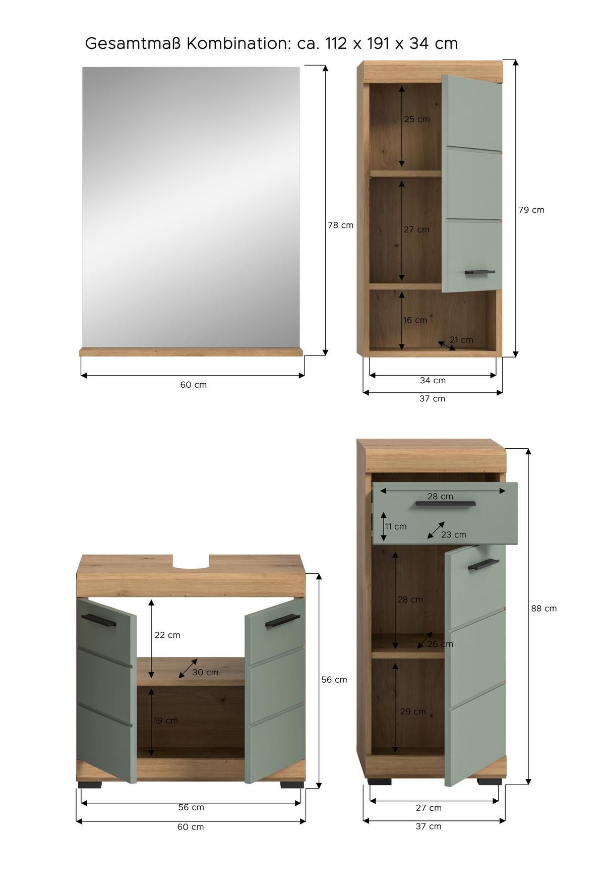 Badezimmer Scout Salbeigrün/Eiche D. B: 97 cm - Salbeigrün/Schwarz, MODERN, Glas/Holzwerkstoff (97cm) - MID.YOU