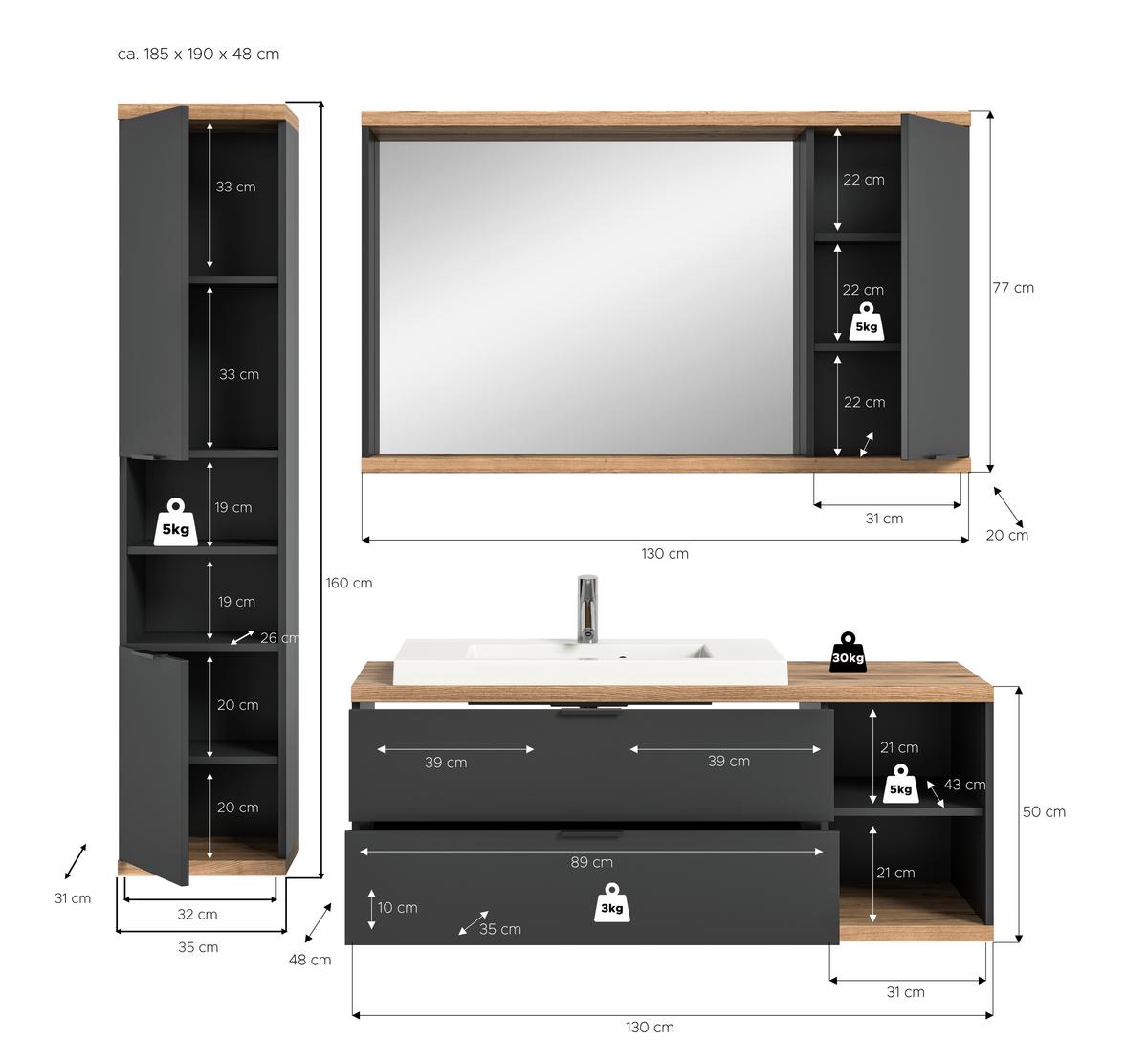 Badezimmer Nuaro Anthrazit B: 186cm - Anthrazit/Weiß, Basics, Glas/Holzwerkstoff (186cm) - MID.YOU