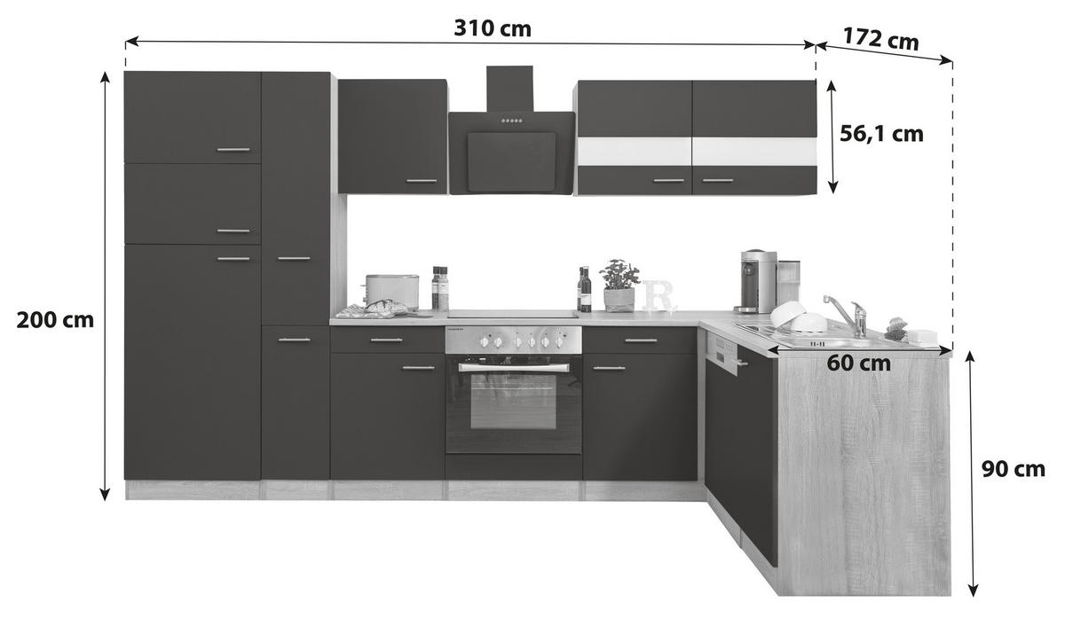 Eckküche Respekta ohne Geräte 310x172 cm Schwarz/Eiche Dekor - Eichefarben/Schwarz, Basics, Holzwerkstoff (310/172cm) - Respekta