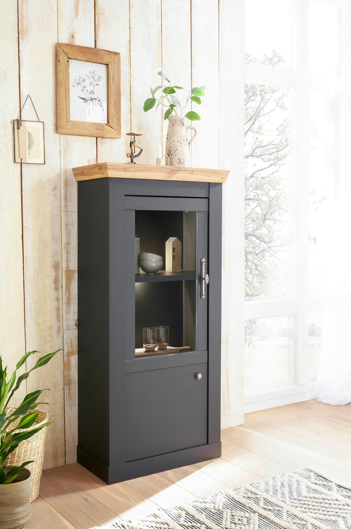 Vitrine Catania Anthrazit/Eiche Dekor B: 72cm - Anthrazit/Eiche Wotan, Design, Holzwerkstoff (72/146/38cm) - MID.YOU