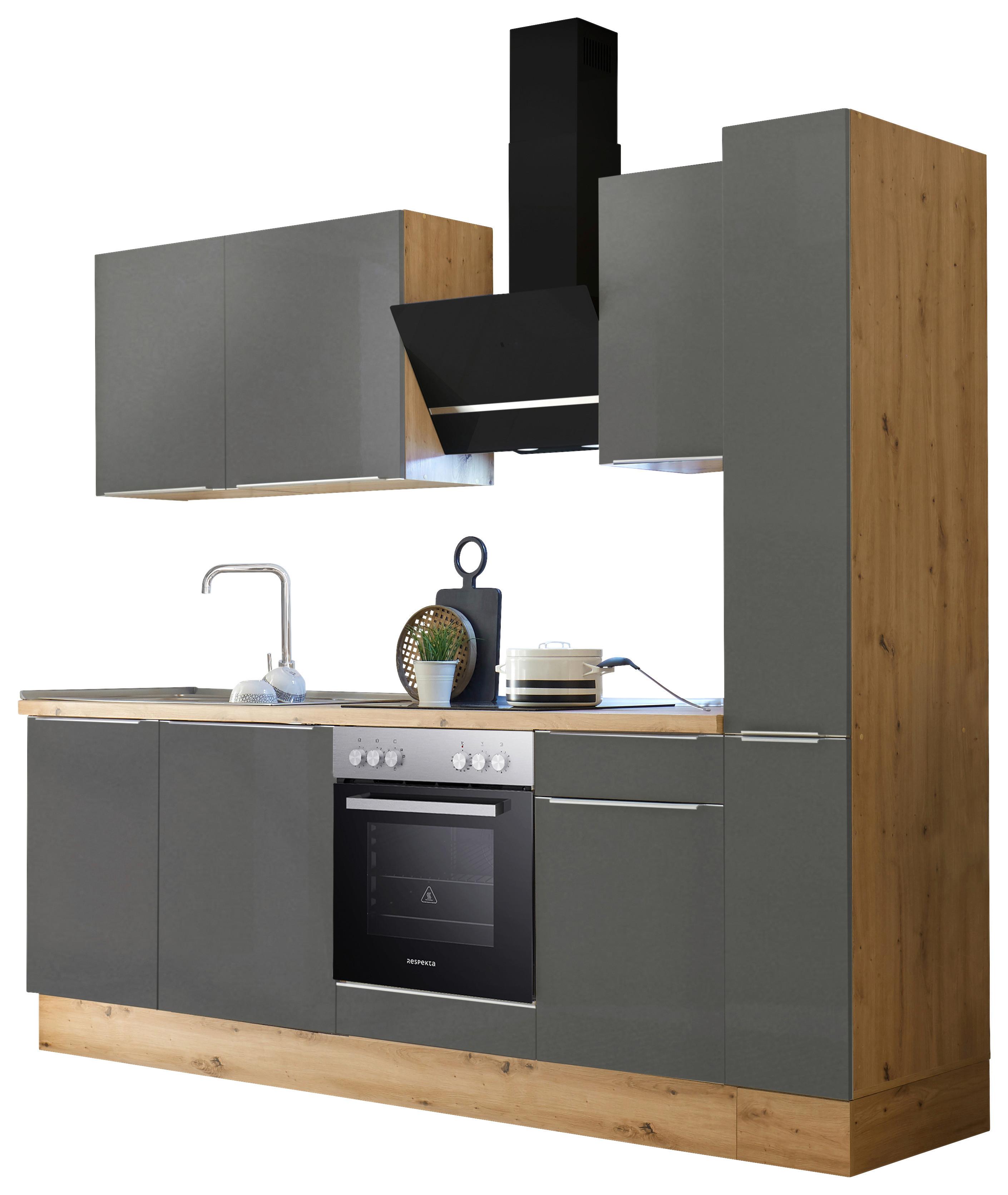 Küchenzeile mit Geräten B: 250 cm Grau/Eiche Dekor - Anthrazit/Eiche Artisan, LIFESTYLE, Holzwerkstoff (250cm) - Respekta