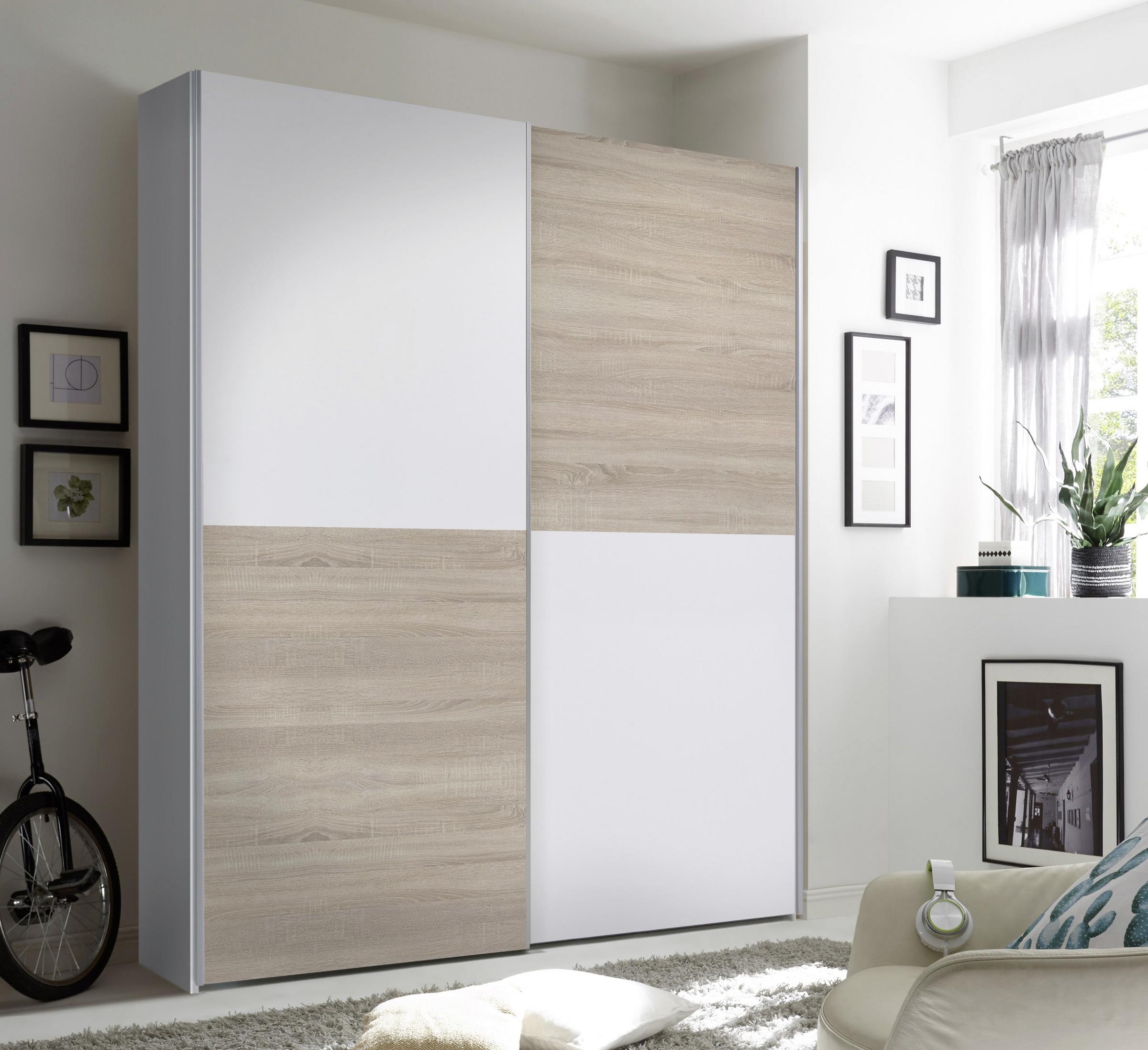 Schwebetürenschrank in Weiß und Eichefarben