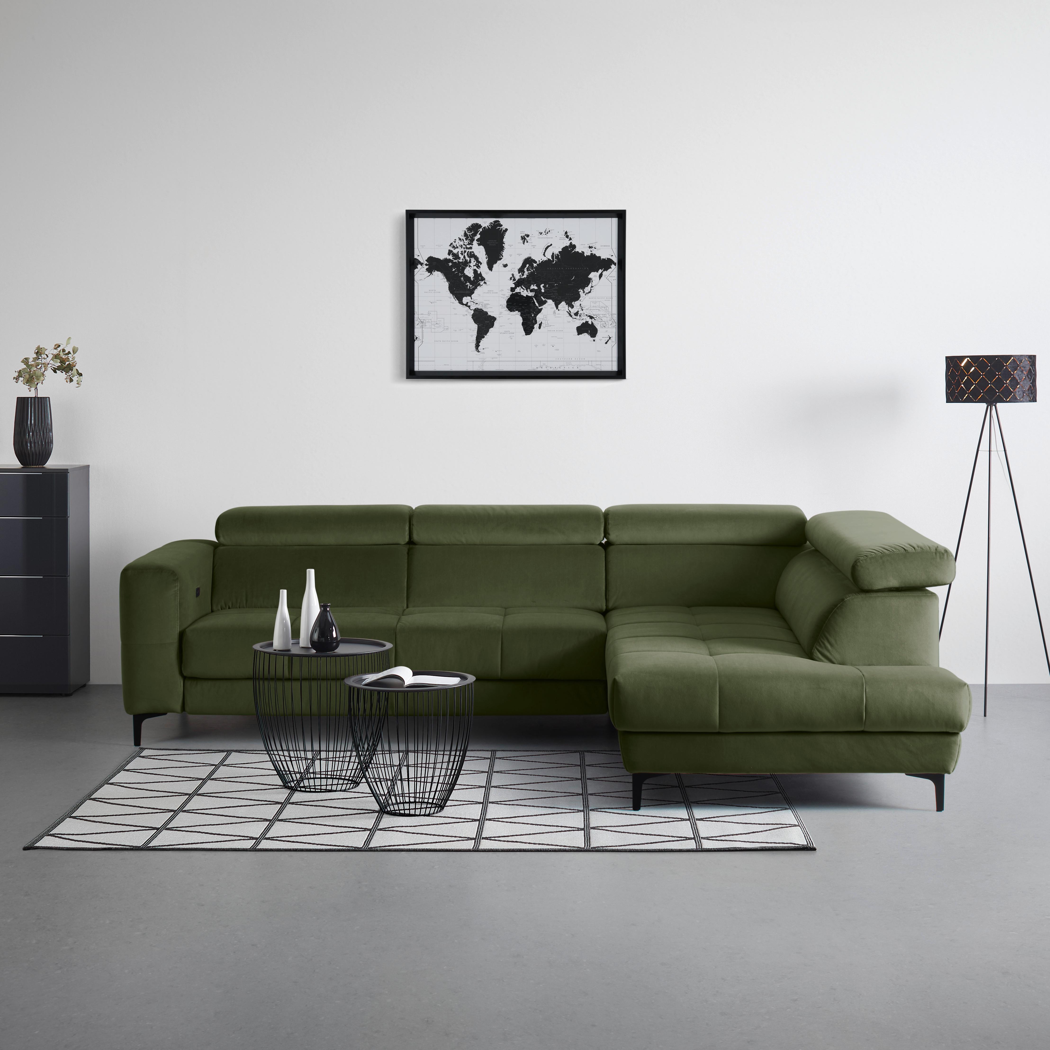 Rohová sedačka EMMA, pravá, oliv.zel.,op.hl.,USB,el.výsuv - černá/olivově zelená, Moderní, textil (301/210cm) - Premium Living