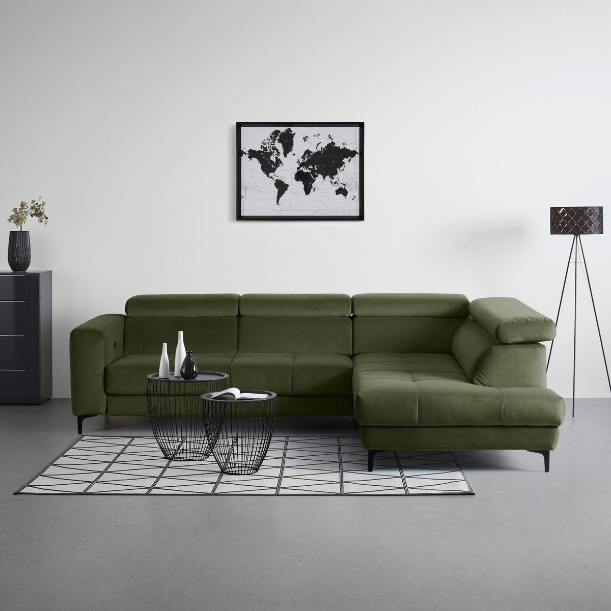 Rohová sedačka EMMA, pravá, oliv.zel.,op.hl.,USB,el.výsuv - černá/olivově zelená, Moderní, textil (301/210cm) - Premium Living