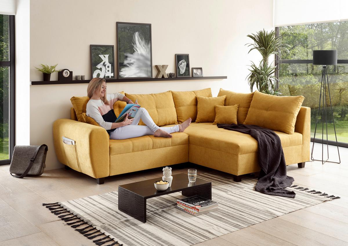 Ecksofa mit Schlaffunktion + Kissen Lea, Polyester-Nylon - Gelb/Schwarz, Basics, Holzwerkstoff/Textil (248/176cm) - MID.YOU