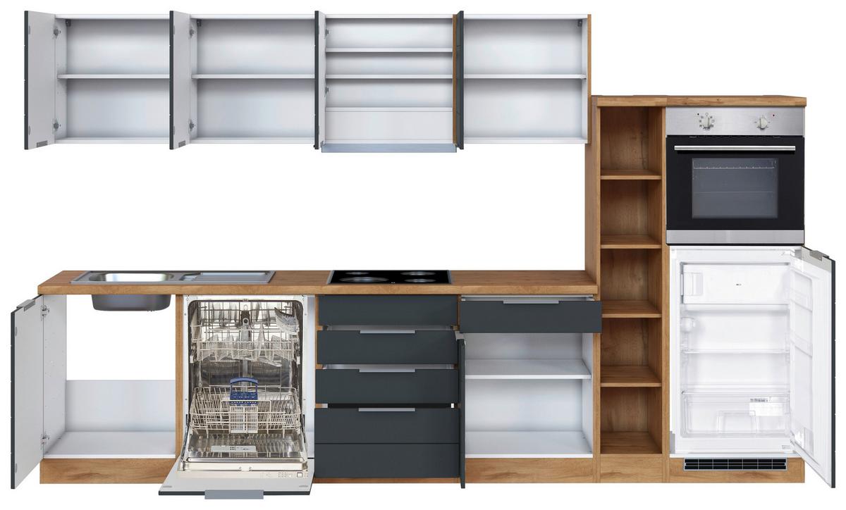Küchenzeile Florenz Mit Geräte B: 330 cm Grau/Eiche - Eiche Wotan/Grau, Design, Holzwerkstoff (330cm) - Held