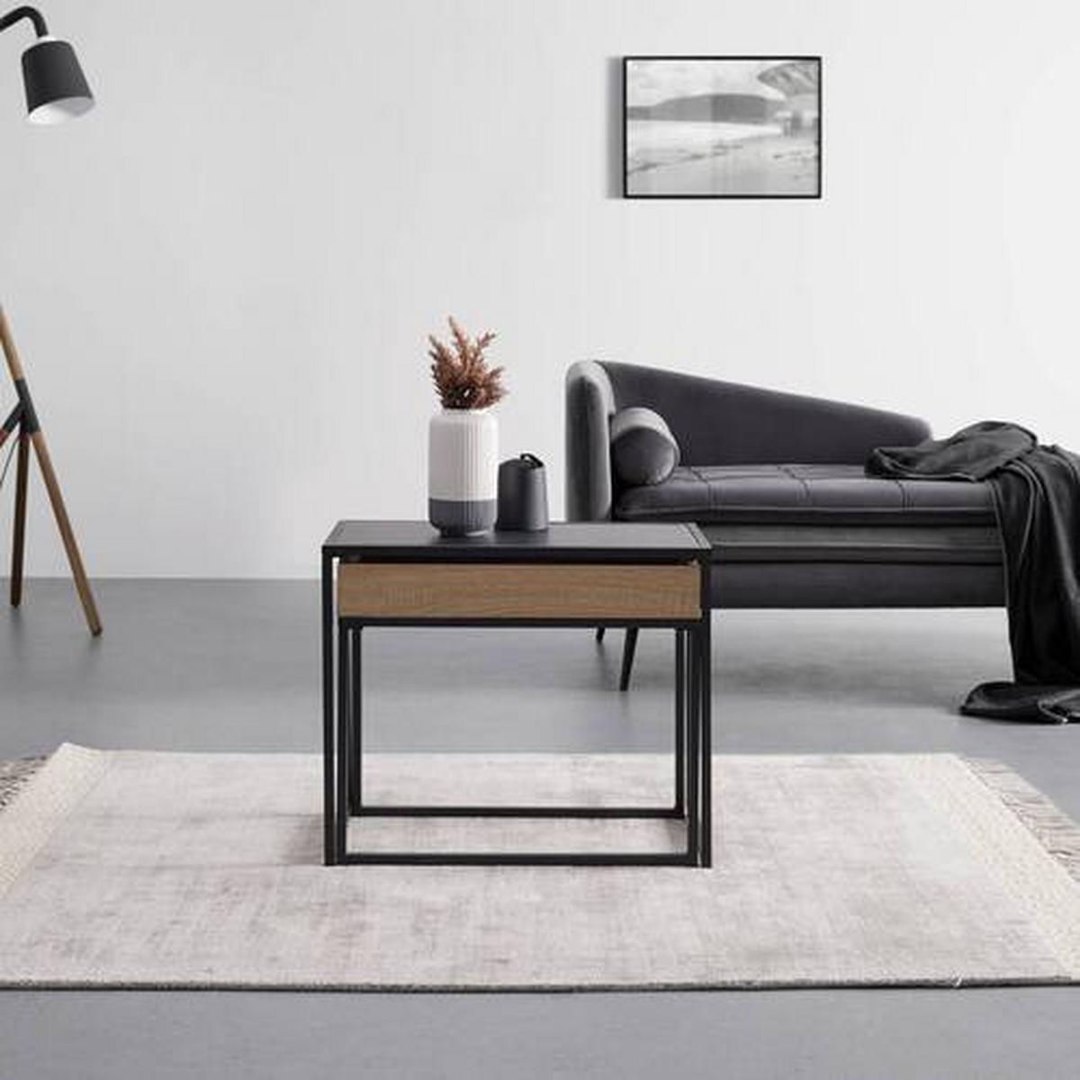 Konferenčný stolík ANI 60x30 cm, drevodekor/čierna - čierna/farba duba, Modern, kov/kompozitné drevo (60/30/48cm) - Bessagi Home