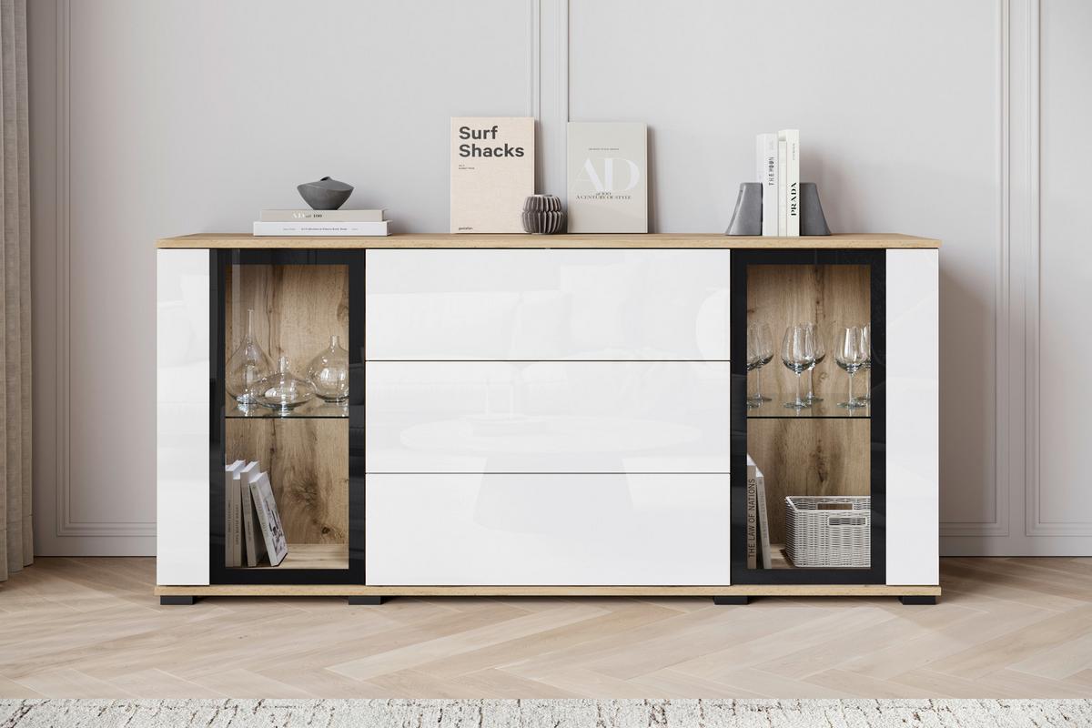 Kommode Caro Eiche Wotan/Weiß Hg B: 150 cm - Weiß Hochglanz/Eiche Wotan, Design, Glas/Holzwerkstoff (150/69,7/39,5cm) - Livetastic