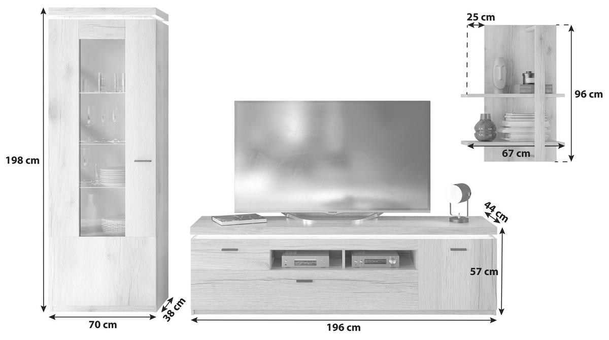 Wohnkombination Modern 3 -teilig. Mit Led Vancouver, Eiche Dekor - Eichefarben, MODERN, Glas/Holzwerkstoff (266/198/44cm)
