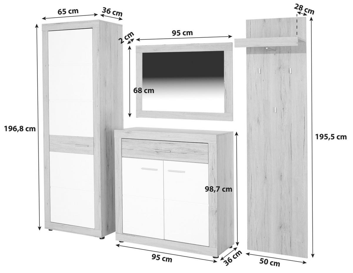 Garderoben-Set Malta San Remo/Weiß 4--Teilig. Mit Spiegel - Eichefarben/Weiß, MODERN, Holzwerkstoff (210/197/36cm)