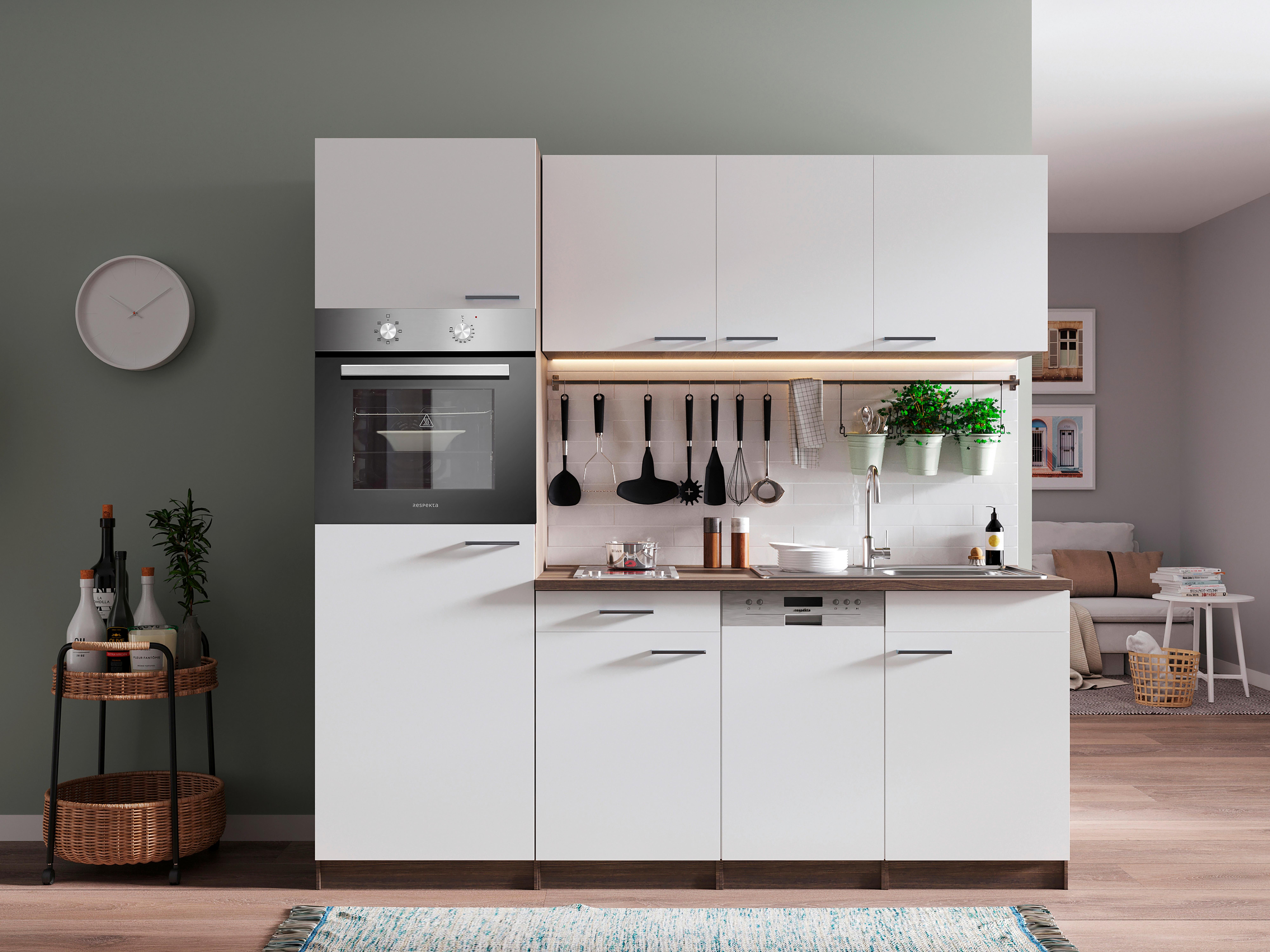 KÜCHENBLOCK OLIVER SINGLEKÜCHE 205 CM - Eichefarben/Weiß, Basics, Holzwerkstoff (205cm) - Respekta