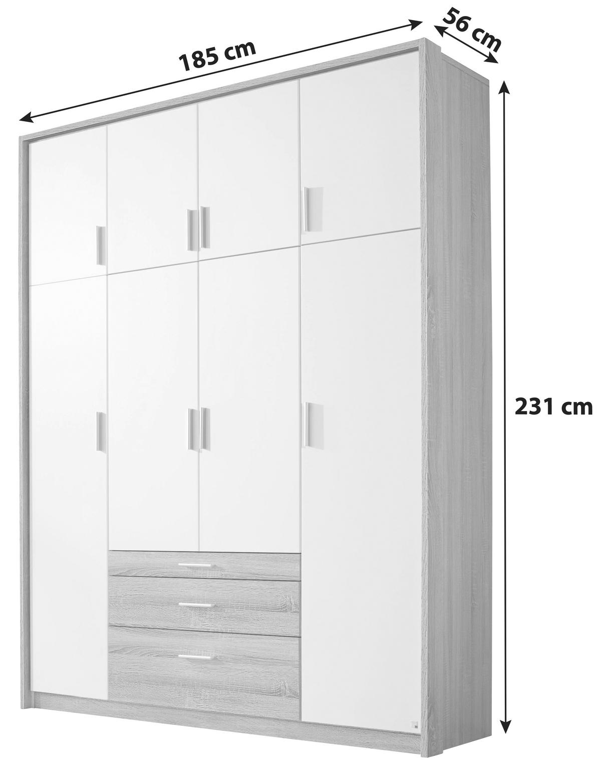 Drehtürenschrank mit Laden 185cm Hildesheim, Weiß/Eiche - Weiß/Sonoma Eiche, Design, Holzwerkstoff (185/231/56cm) - Rauch Möbel