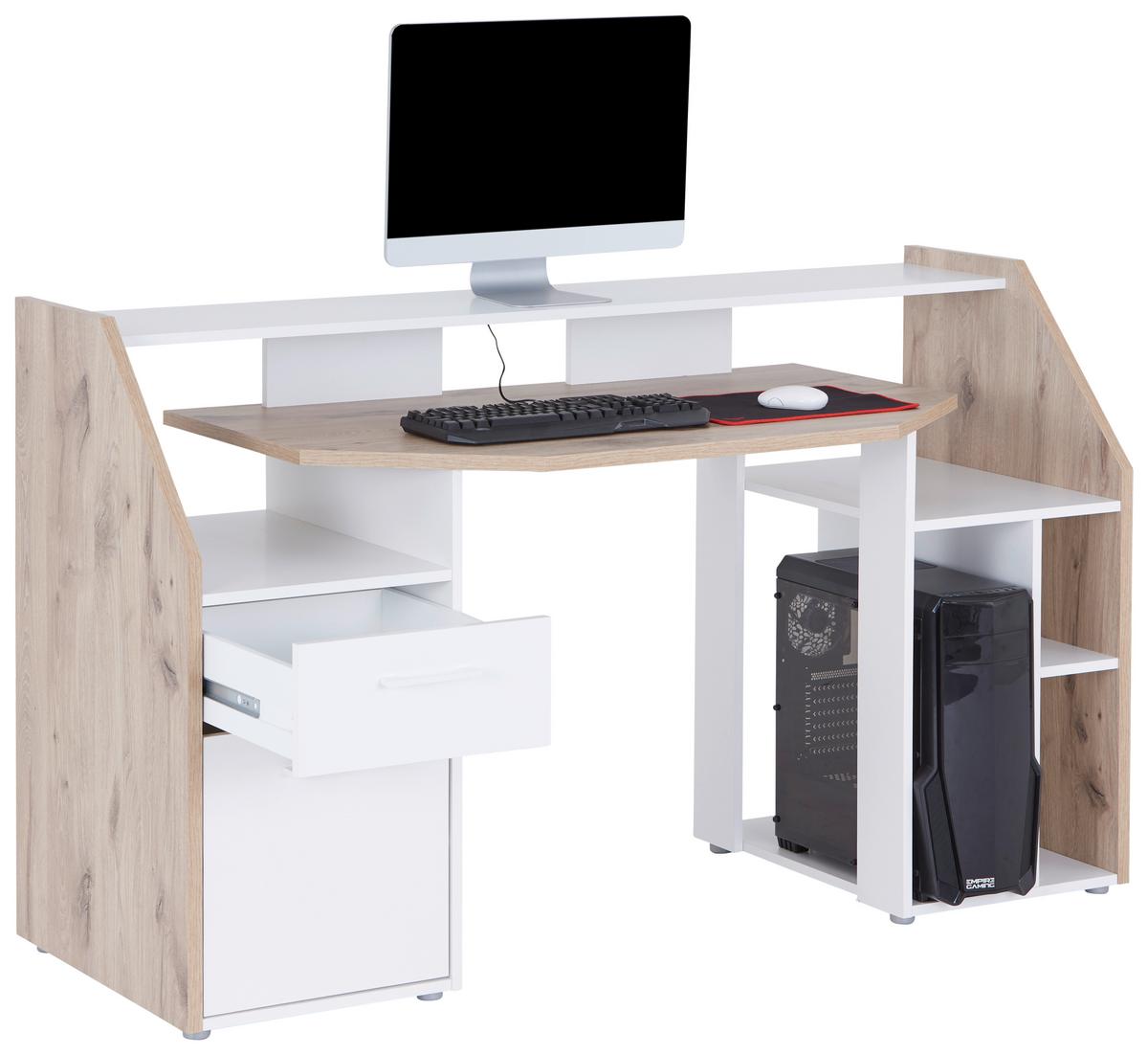 Gamingtisch Alex - Eichefarben/Weiß, KONVENTIONELL, Holzwerkstoff/Kunststoff (160/95/67cm)