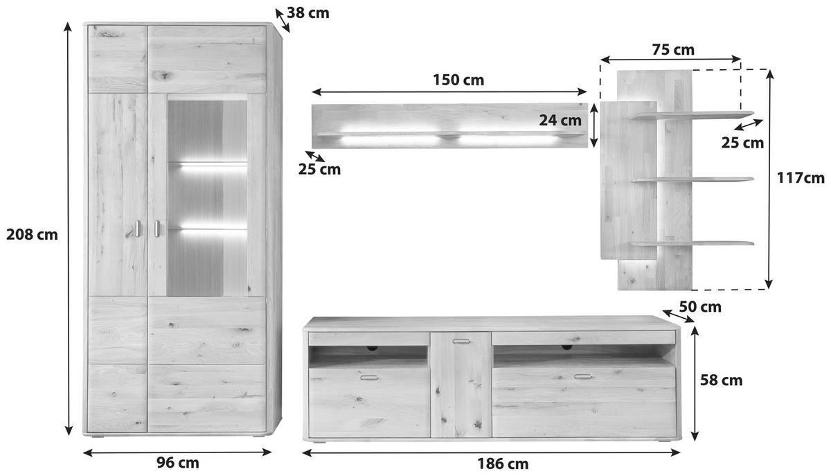 Wohnkombination Massiv 4-Tlg. Ravello Eichefarben - Eichefarben, Design, Glas/Holz (340/208/50cm) - Livetastic