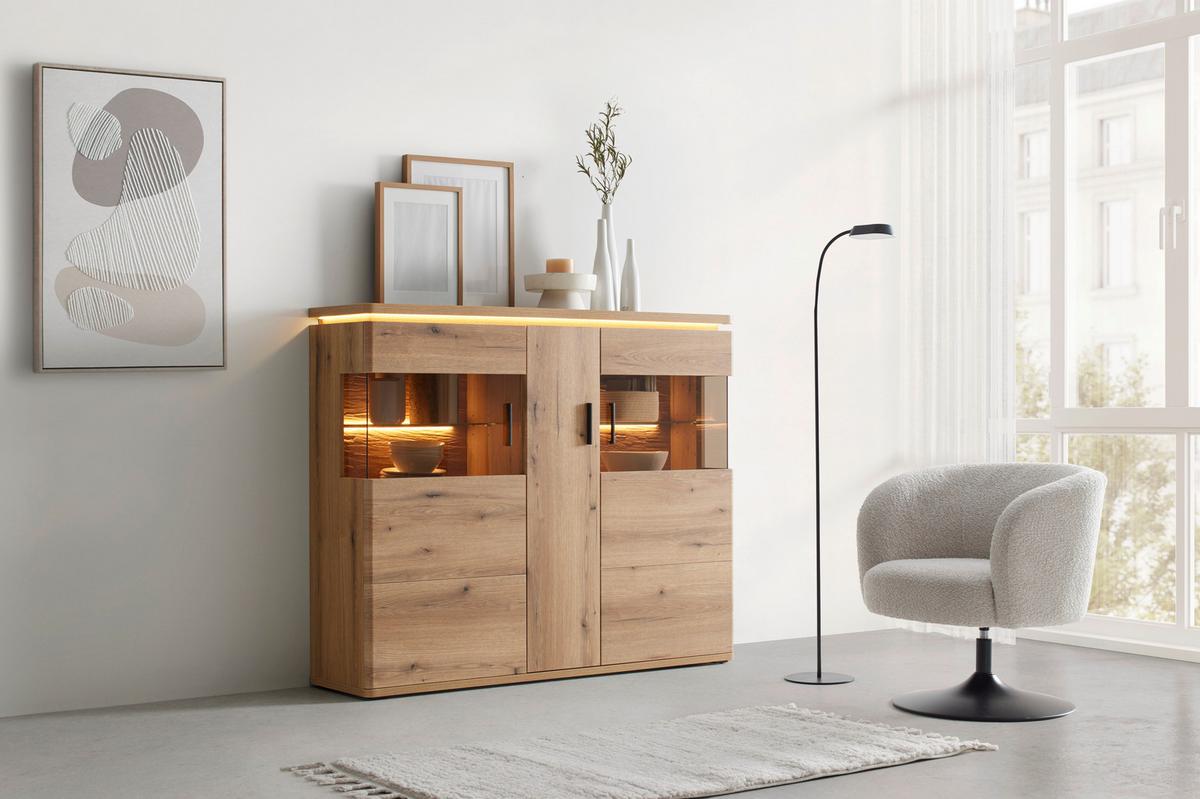 VYSOKÁ KOMODA ALAMEDA -EXKLUSIV- - barvy dubu/antracitová, Moderní, kov/kompozitní dřevo (150/124/38cm) - Mömax