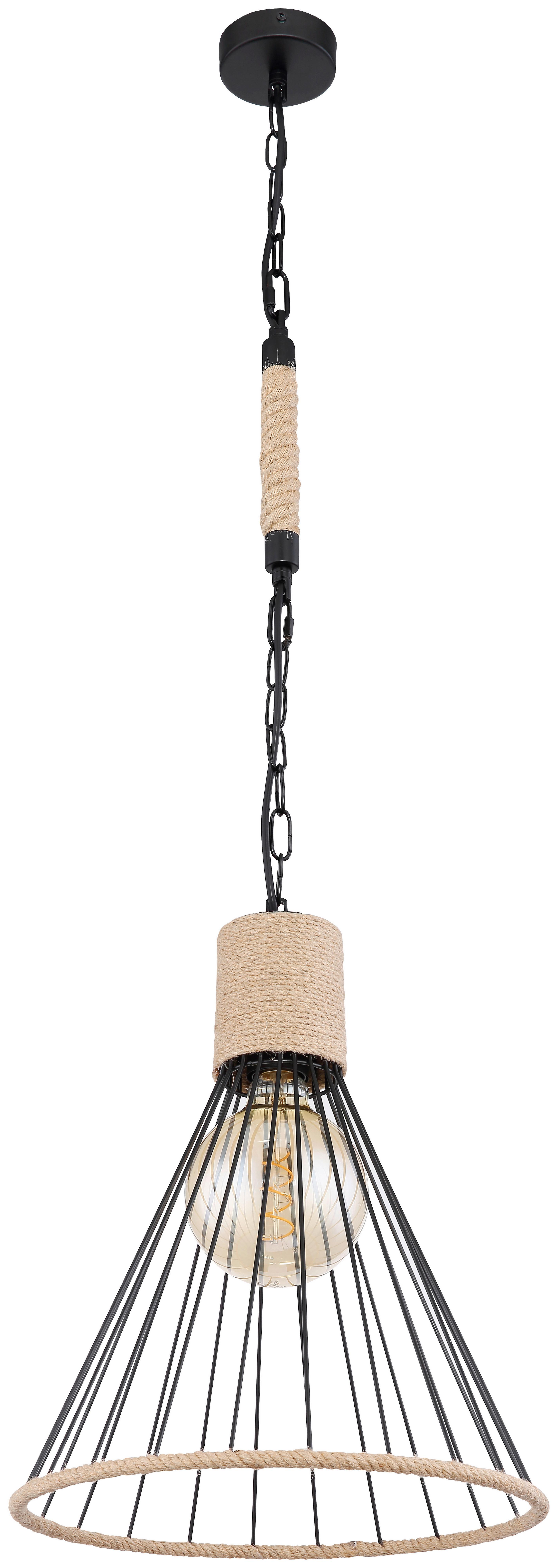 Hängeleuchte Halia H: 140 Cm 1-Flammig, Mit Hanfseil - Schwarz/Braun, Natur, Naturmaterialien/Metall (35/140cm) - Globo