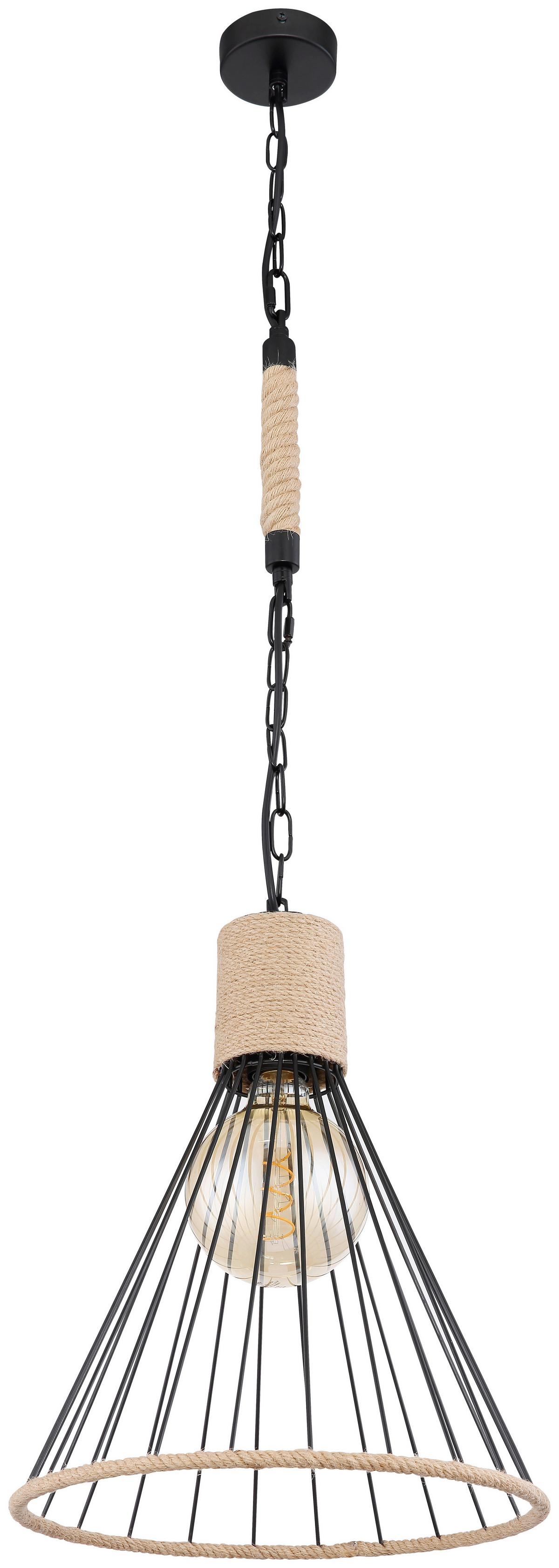Hängeleuchte Halia H: 140 cm 1-Flammig, mit Hanfseil - Schwarz/Braun, Natur, Naturmaterialien/Metall (35/140cm) - Globo