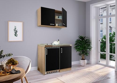 Miniküche mit Kühlschrank + Kochfeld 100 cm Schwarz/Eiche - Edelstahlfarben/Schwarz, MODERN, Holzwerkstoff/Metall (100cm) - Respekta