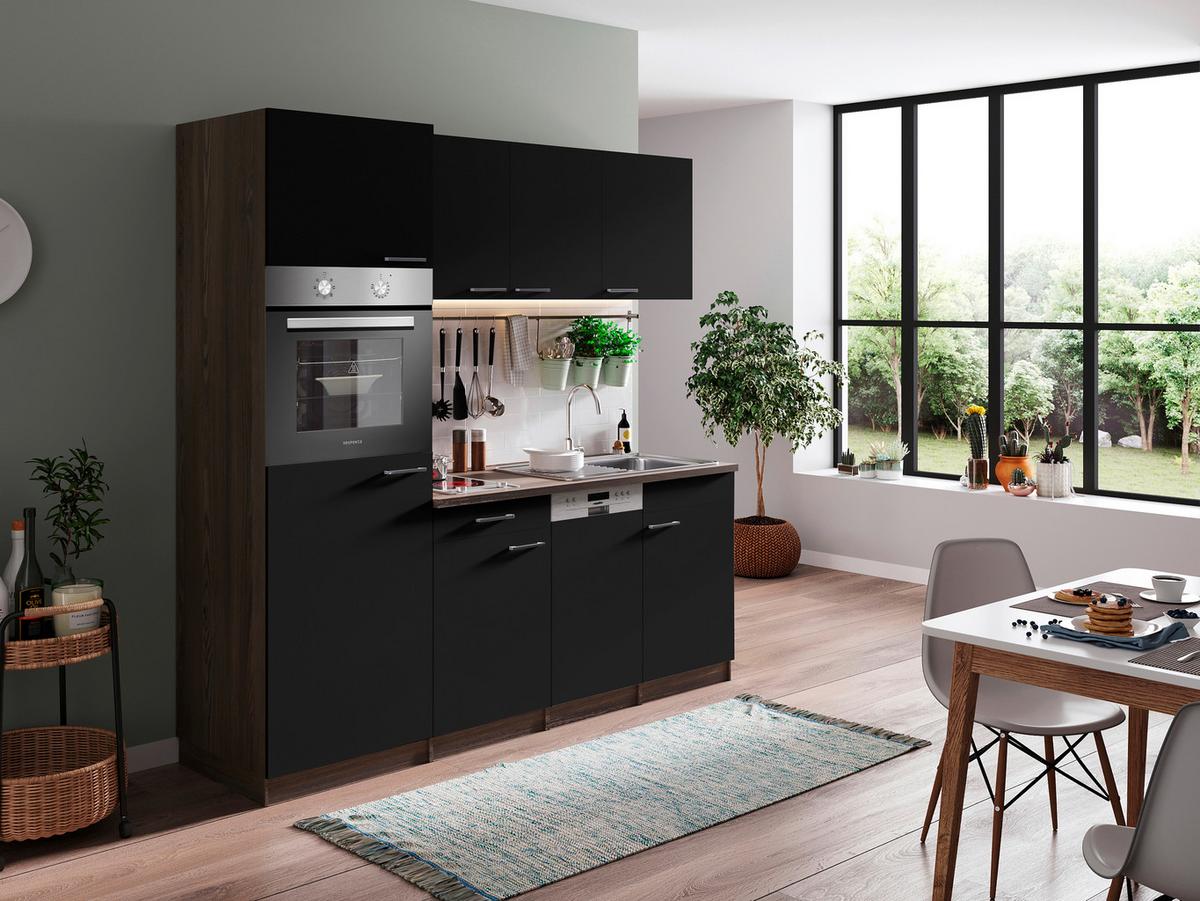 Küchenblock Oliver Singleküche 205 cm - Eichefarben/Schwarz, Basics, Holzwerkstoff (205cm) - Respekta