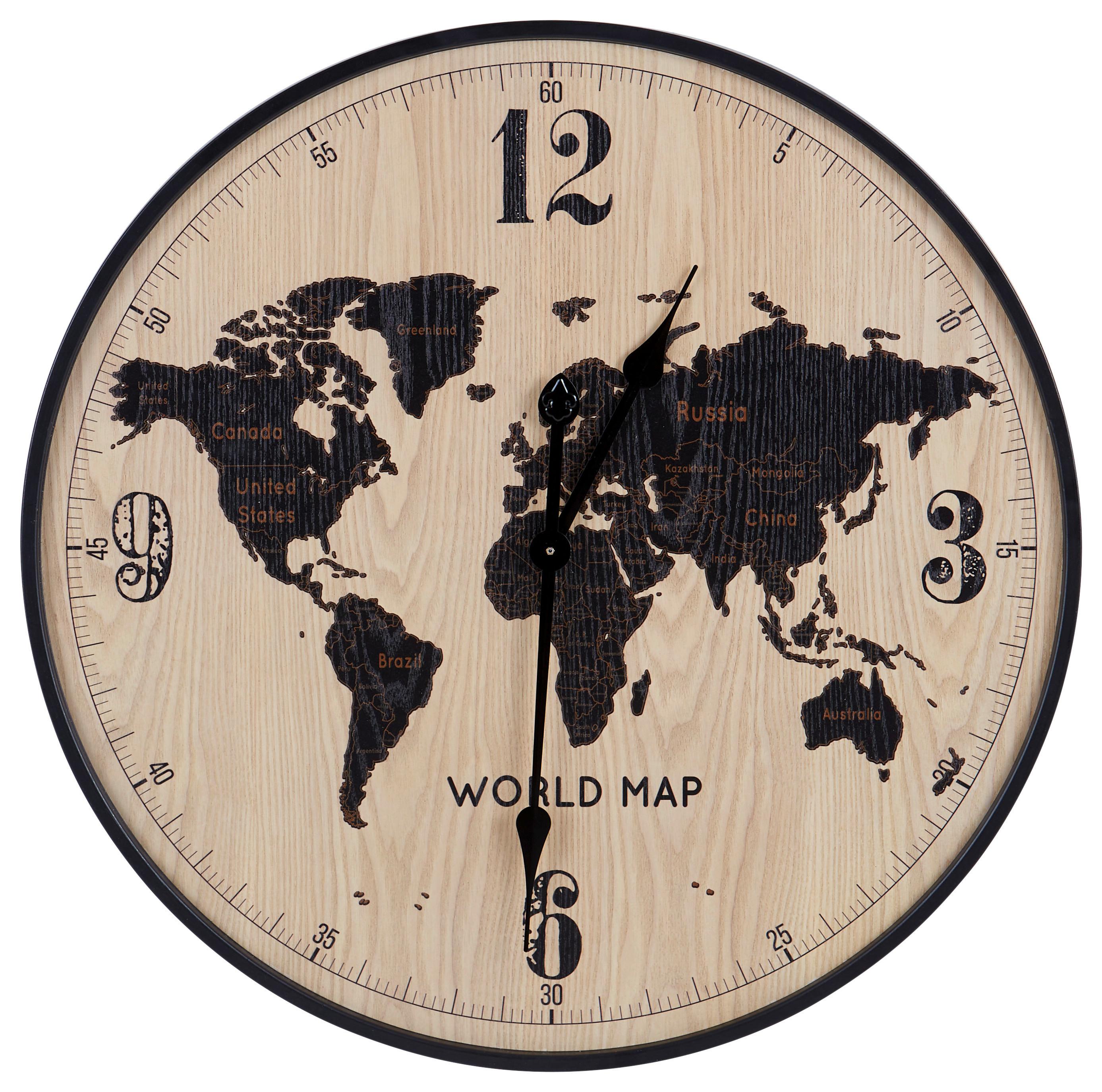 Wanduhr Aras Ø 60 cm analog Natur/Schwarz Eisen Weltkarte - Schwarz, Basics, Holzwerkstoff/Metall (60cm) - Luca Bessoni