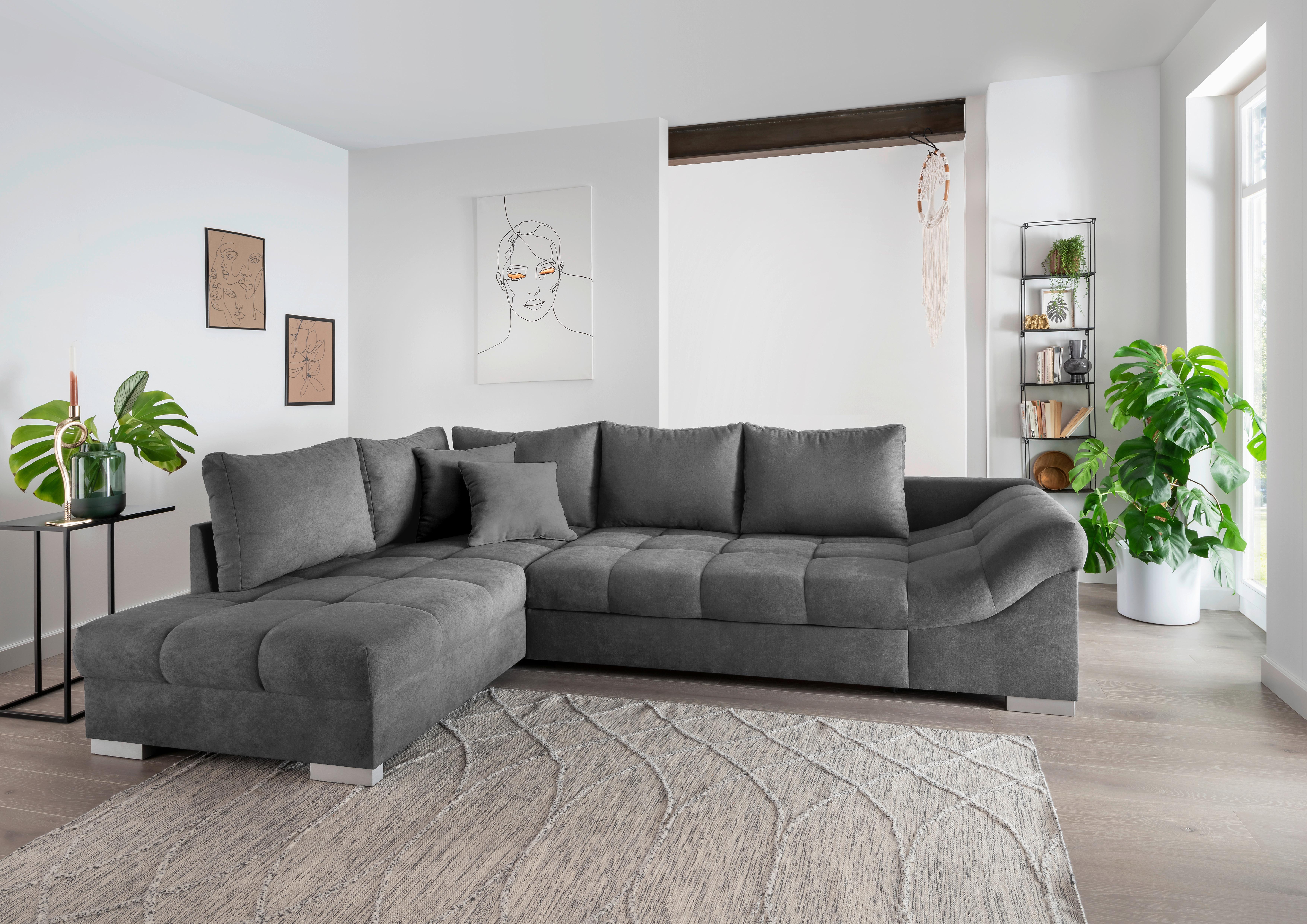 Eckschlafsofa Alvito Dunkelgrau S: 202/298 cm - Dunkelgrau/Silberfarben, Design, Textil (202/298cm) - MID.YOU