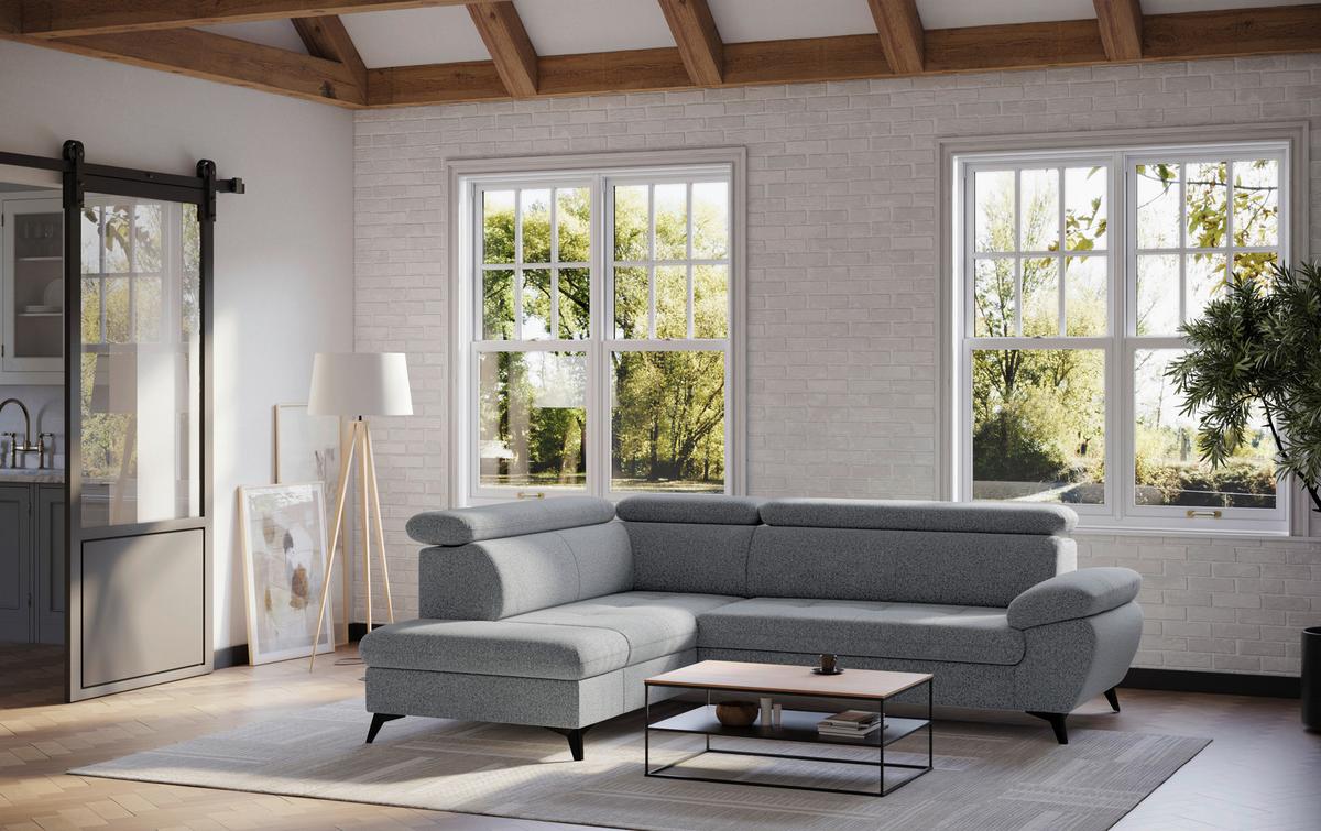 Ecksofa mit Bettfunktion Hudson, Chenille grau - Schwarz/Grau, KONVENTIONELL, Textil (207/256cm) - Sembella