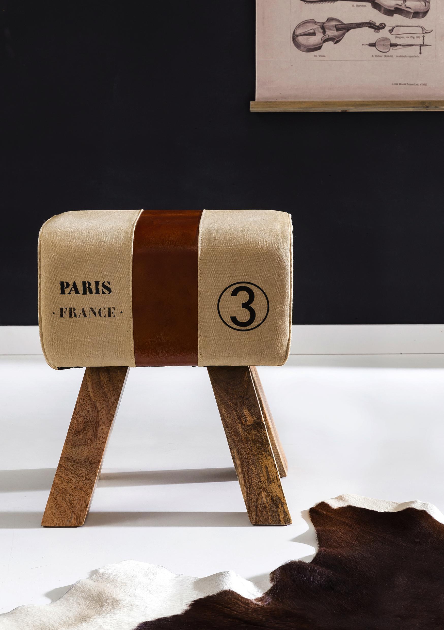 Hocker Leder/ Leinen B: 40 cm - Beige/Braun, Natur, Leder/Textil (40/47/25cm) - MID.YOU