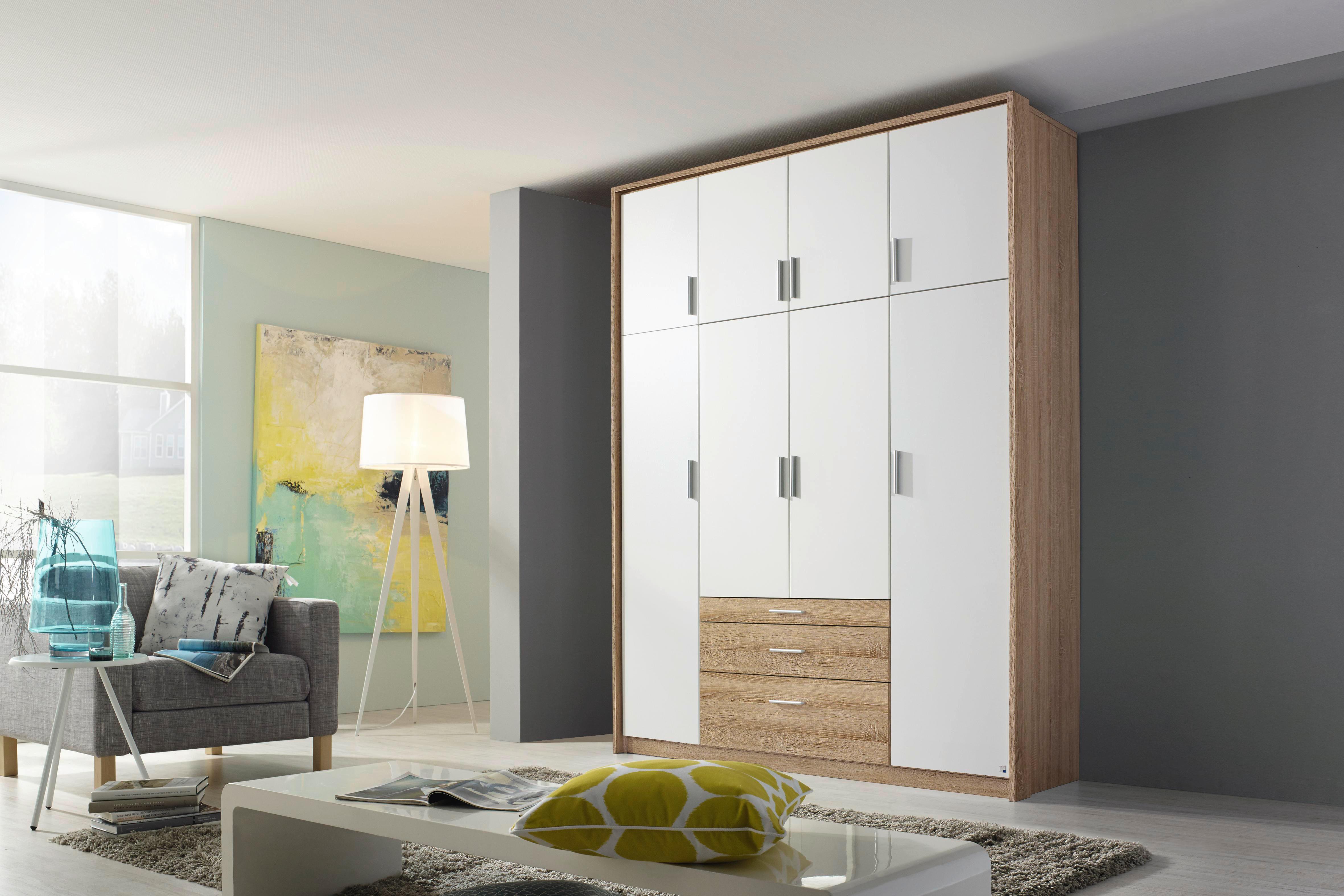 Drehtürenschrank mit Laden 185cm Hildesheim, Weiß/Eiche - Weiß/Sonoma Eiche, Design, Holzwerkstoff (185/231/56cm) - Rauch Möbel