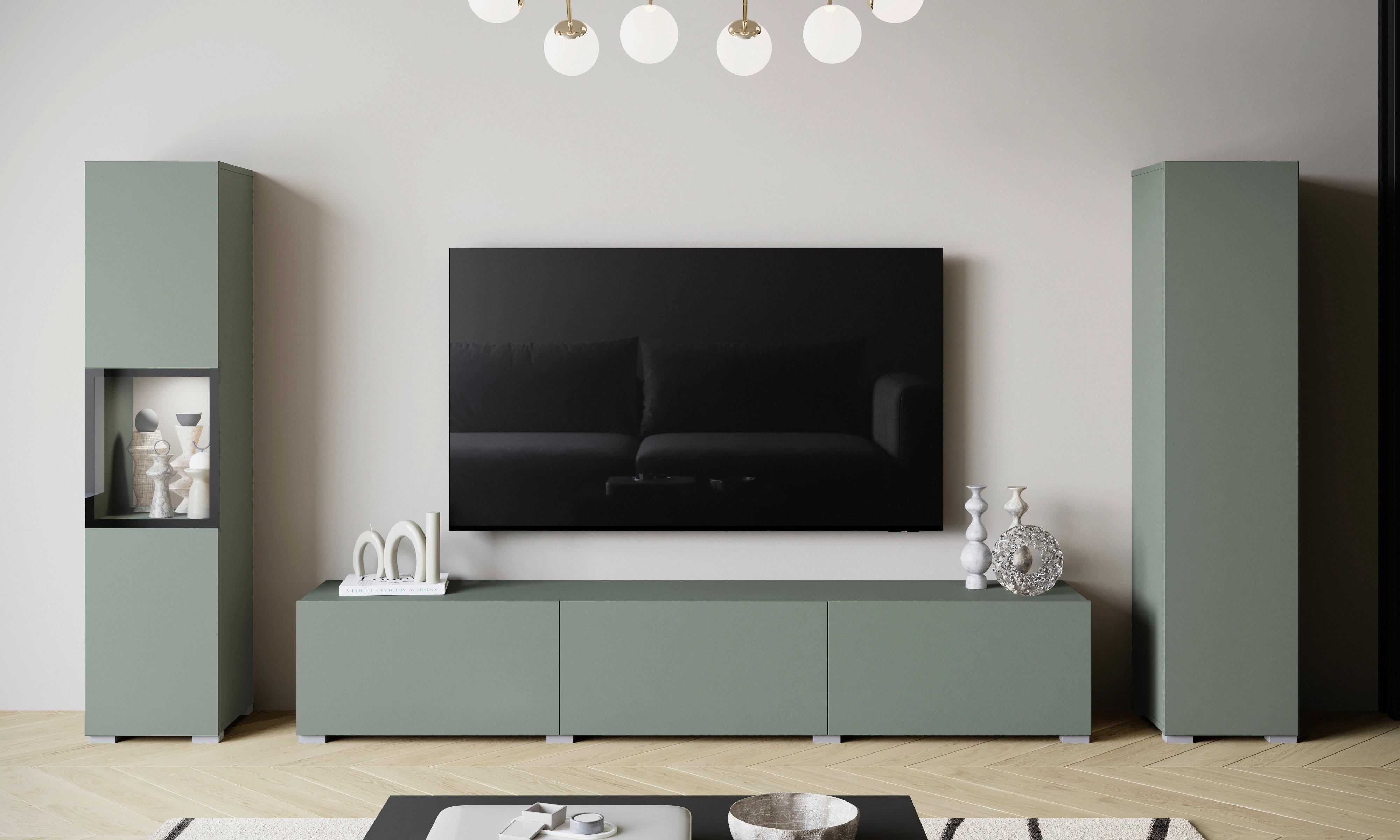 Wohnwand mit LED Berlin III Salbeigrün - Salbeigrün/Grau, Design, Glas/Holzwerkstoff (240/130/31cm) - P & B