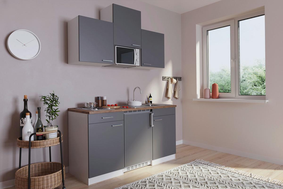 Miniküche Economy mit Geräten 150 cm Grau/ Nussbaum Dekor - Nussbaumfarben/Weiß, Basics, Holzwerkstoff (150cm) - Respekta