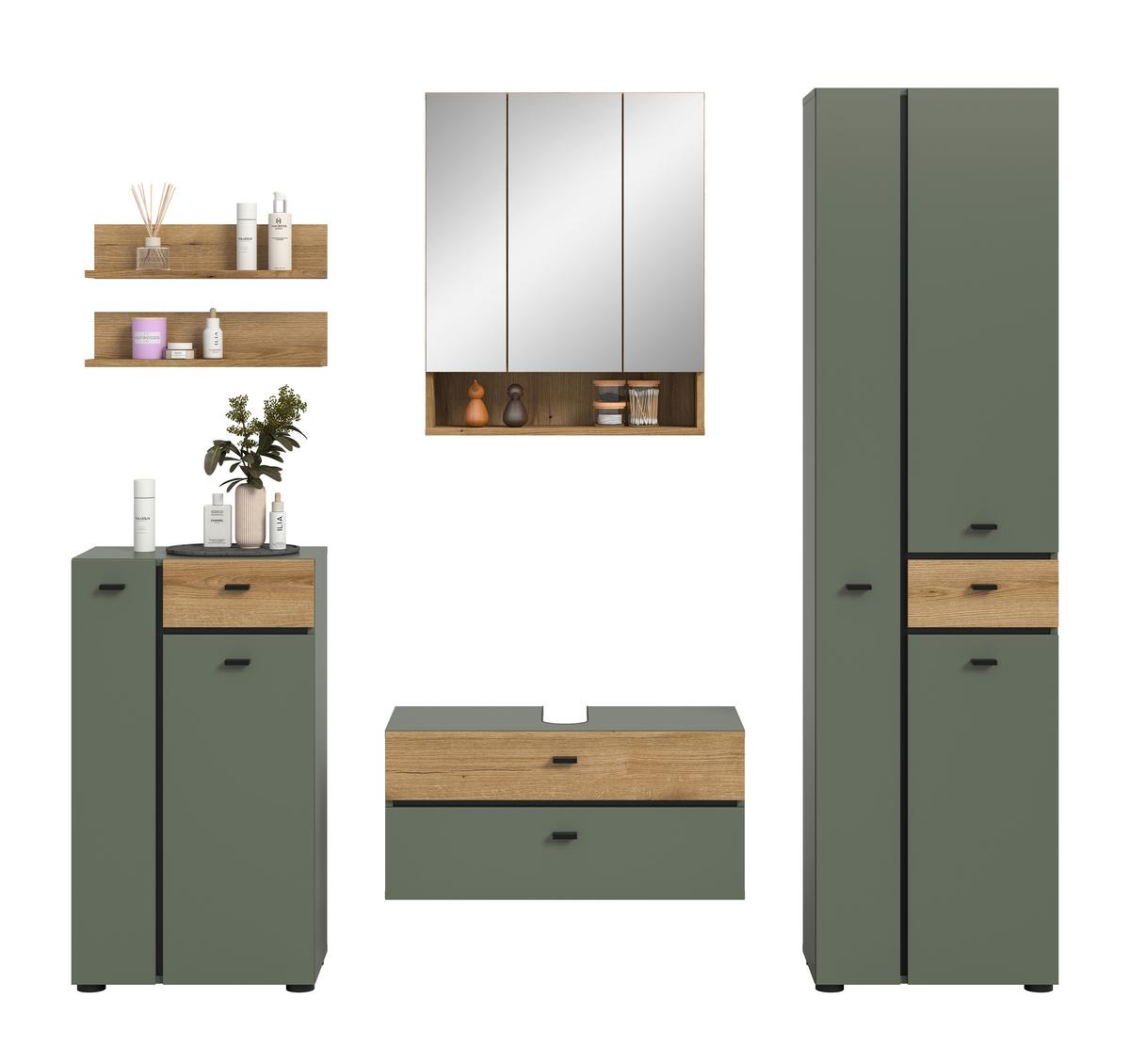 Badezimmer Aqua Grün/Eichefarben B: 177cm - Eichefarben/Schwarz, Trend, Glas/Holzwerkstoff (177cm) - MID.YOU
