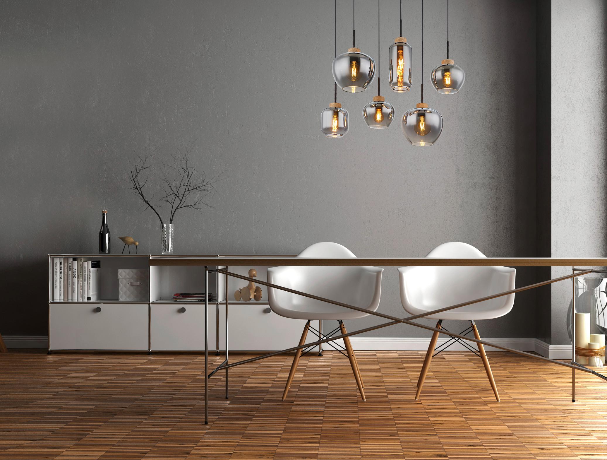 Hängeleuchte 6-Flammig Indoor - Schwarz/Naturfarben, Design, Glas/Textil (80/40/120cm) - Globo