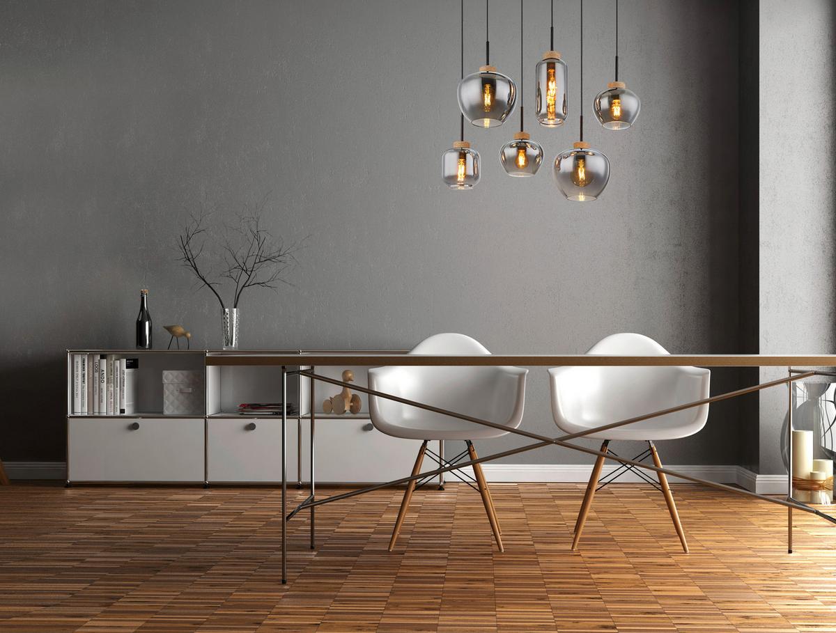 Hängeleuchte 6-Flammig Indoor - Schwarz/Naturfarben, Design, Glas/Textil (80/40/120cm) - Globo
