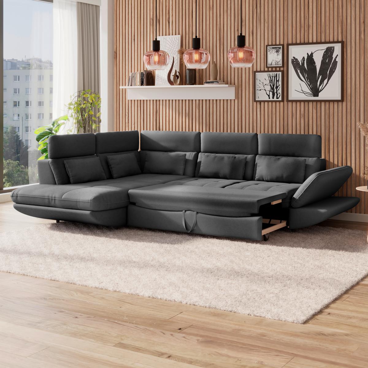 Wohnlandschaft Park mit Schlaffunktion Anthrazit - Anthrazit/Schwarz, MODERN, Textil (233/311cm) - Luca Bessoni