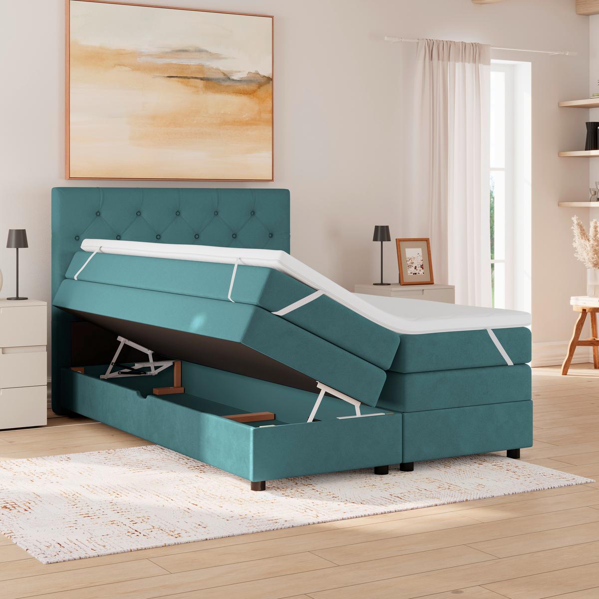 Boxspringbett Elio Petrol 140x200 Cm H3/h4 - Petrol/Schwarz, ROMANTIK / LANDHAUS, Textil (144/121/212cm) - James Wood