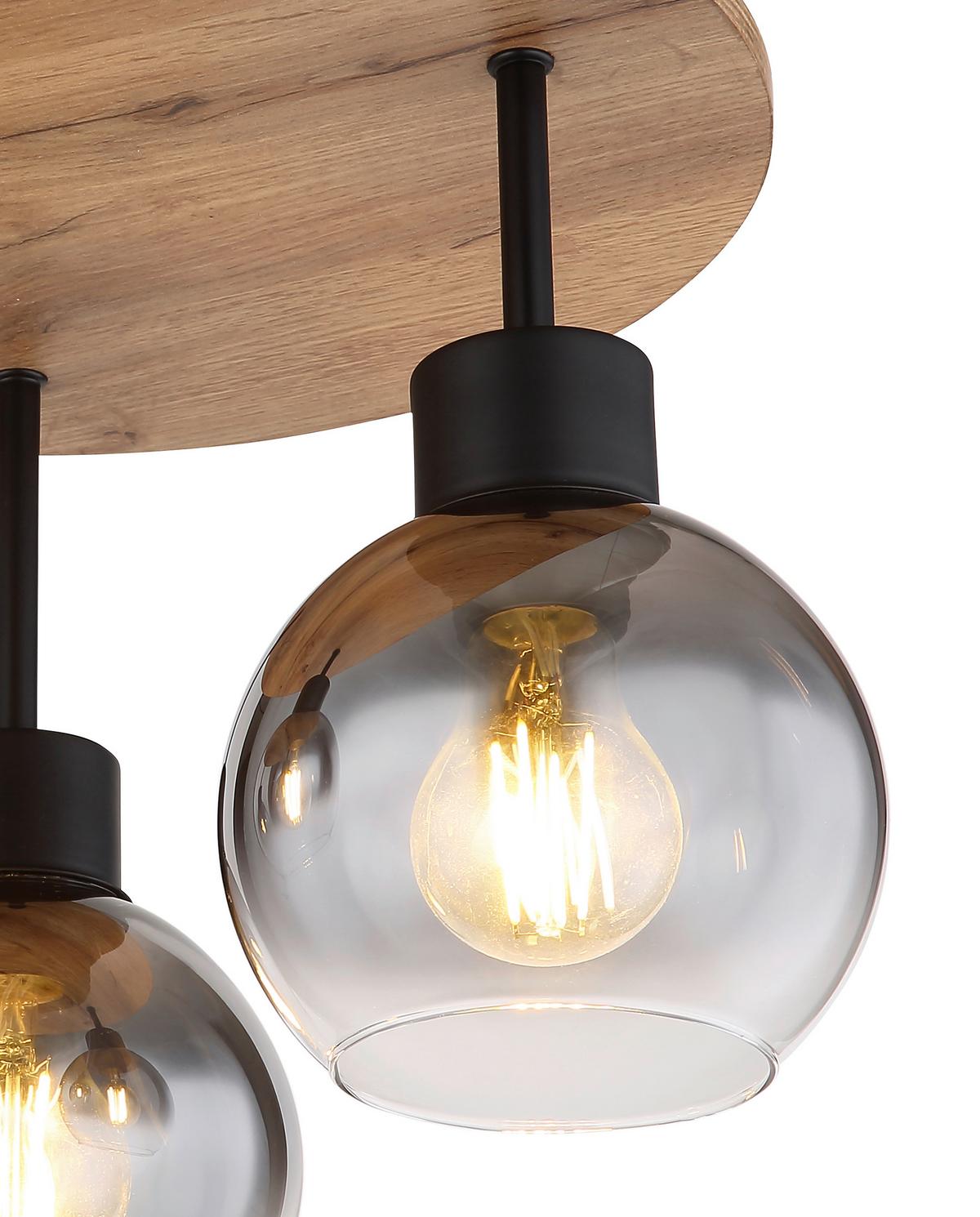 Deckenleuchte 15656-3Dr - Schwarz/Braun, Natur, Glas/Holzwerkstoff (38/30cm) - Globo