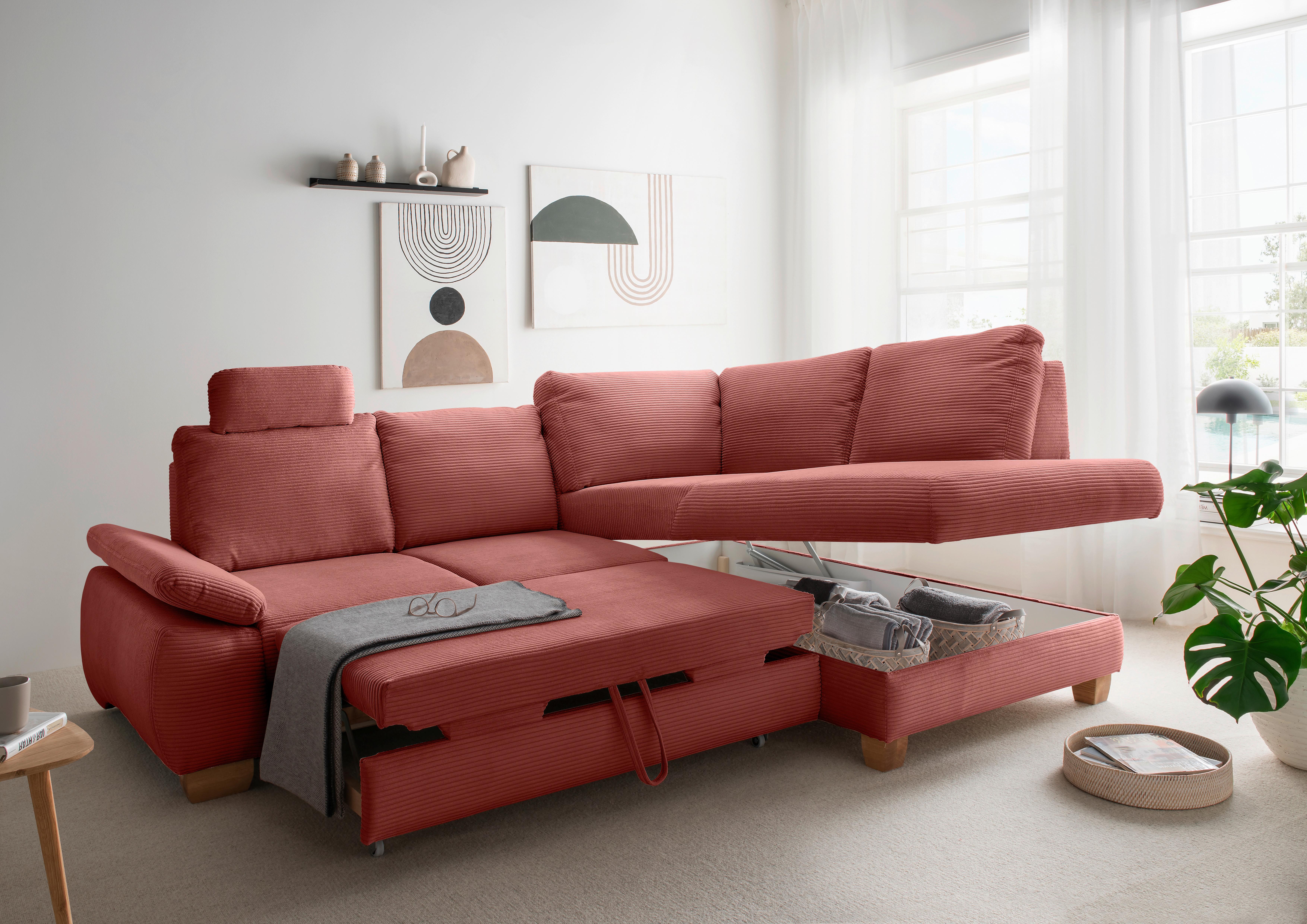 Eckschlafsofa Positano Koralle S: 261x206 Cm - Wildeiche/Koralle, MODERN, Textil (261/206cm) - Livetastic
