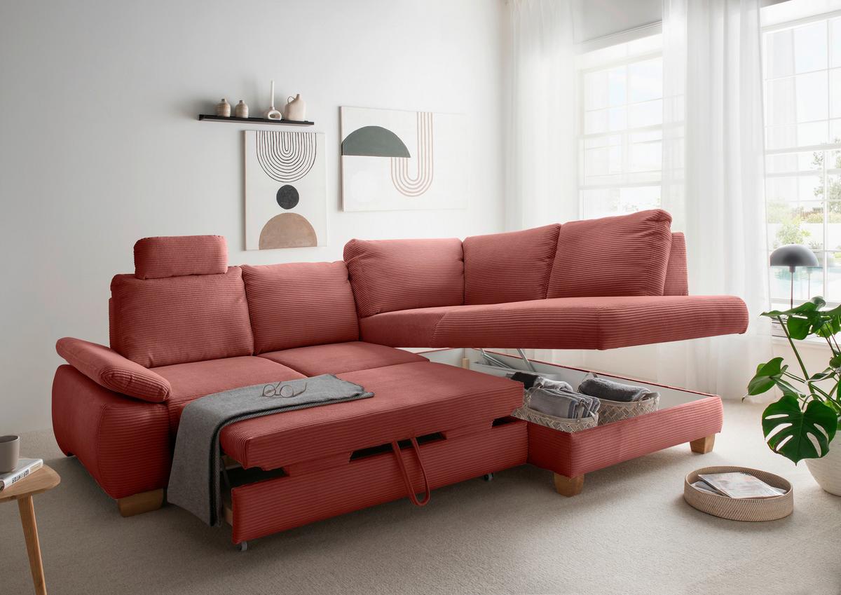 Eckschlafsofa Positano Koralle S: 261x206 Cm - Wildeiche/Koralle, MODERN, Textil (261/206cm) - Livetastic