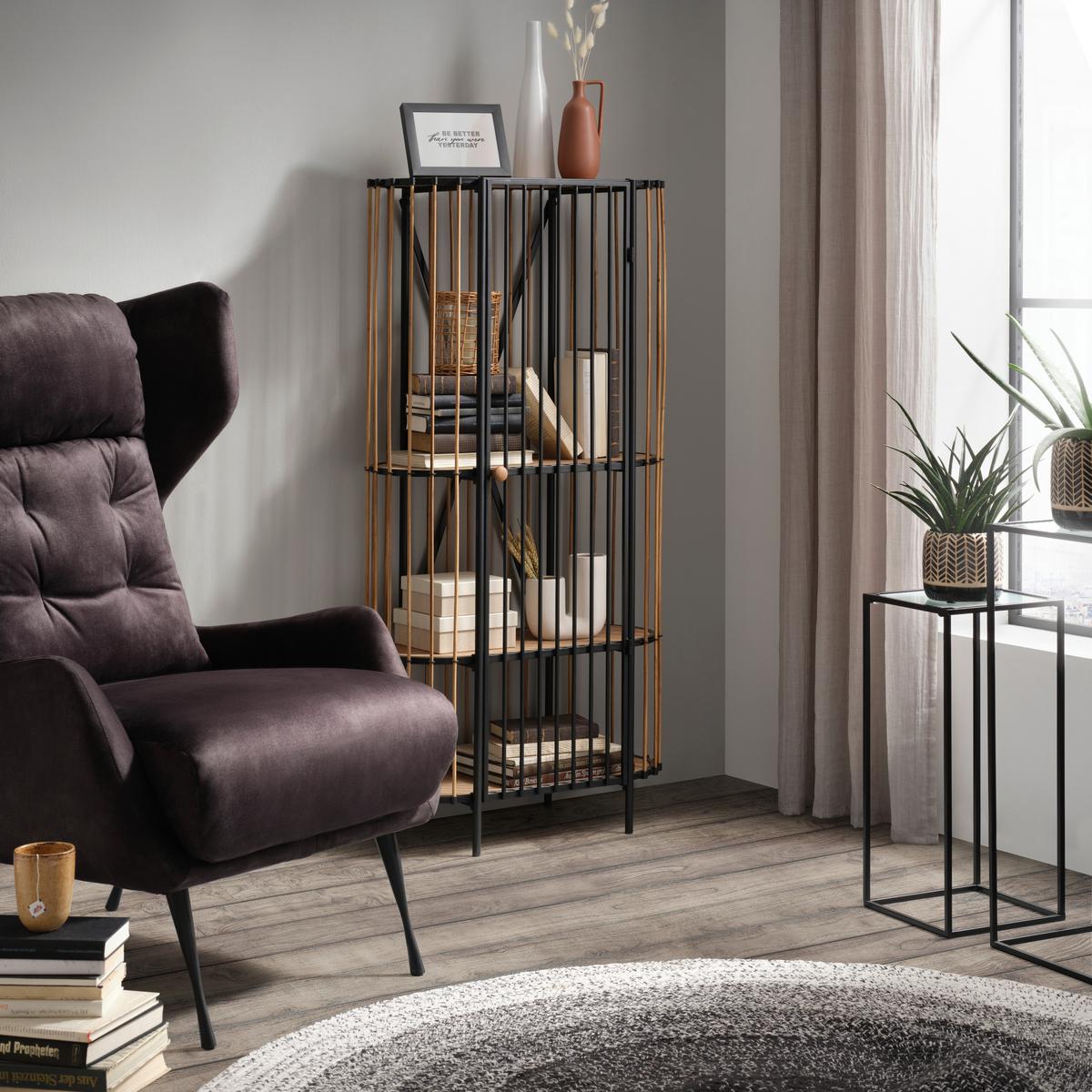 REGÁL BAMBOO - černá/přírodní barvy, Lifestyle, kov/dřevo (67/132/32cm) - Premium Living