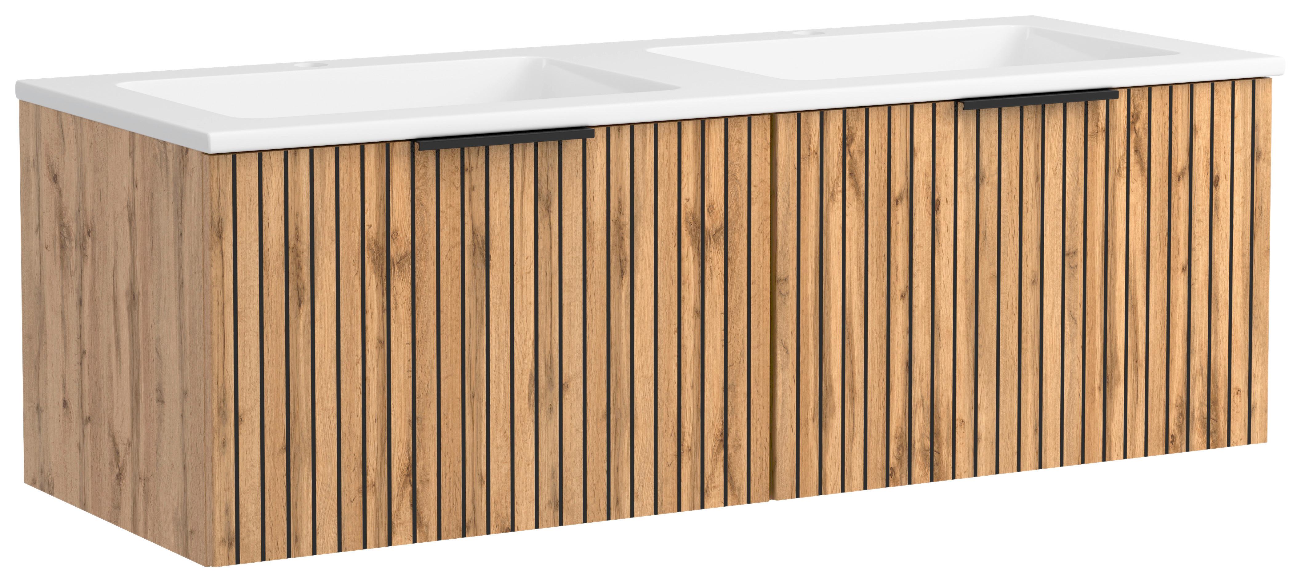 Waschbecken mit Unterschrank Chester B: 120 cm - Eiche Wotan/Schwarz, MODERN, Holzwerkstoff/Stein (120cm) - Held