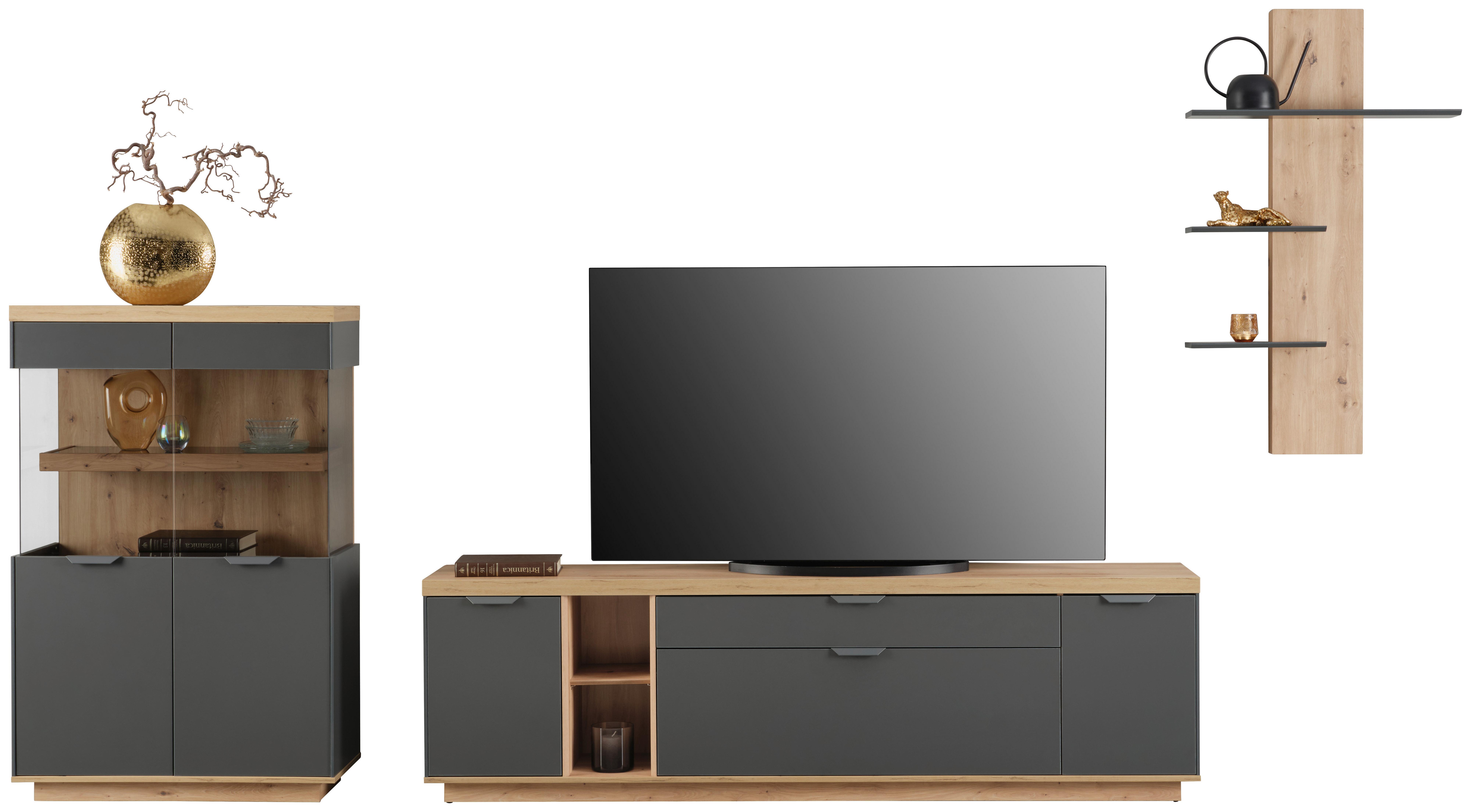 Wohnwand Jake Anthrazit/ Eiche Artisan Dekor B: 378,1cm - Anthrazit/Eiche Artisan, Trend, Glas/Holzwerkstoff (378,1/137/38cm)