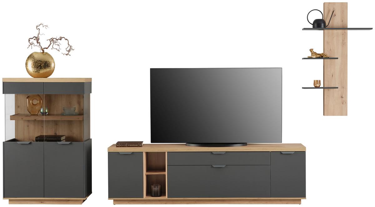 Wohnwand Jake Anthrazit/ Eiche Artisan Dekor B: 378,1cm - Anthrazit/Eiche Artisan, Trend, Glas/Holzwerkstoff (378,1/137/38cm)