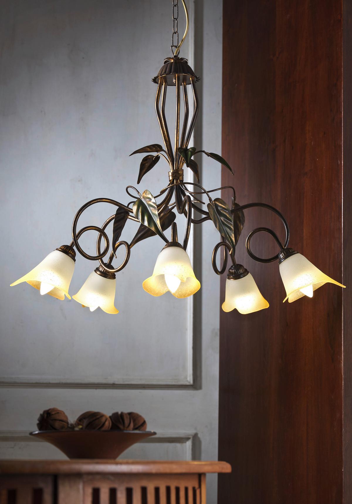 KRONLEUCHTER 4620/5 MIRANDA - Bronzefarben/Olivgrün, KONVENTIONELL, Glas/Metall (90/130cm)