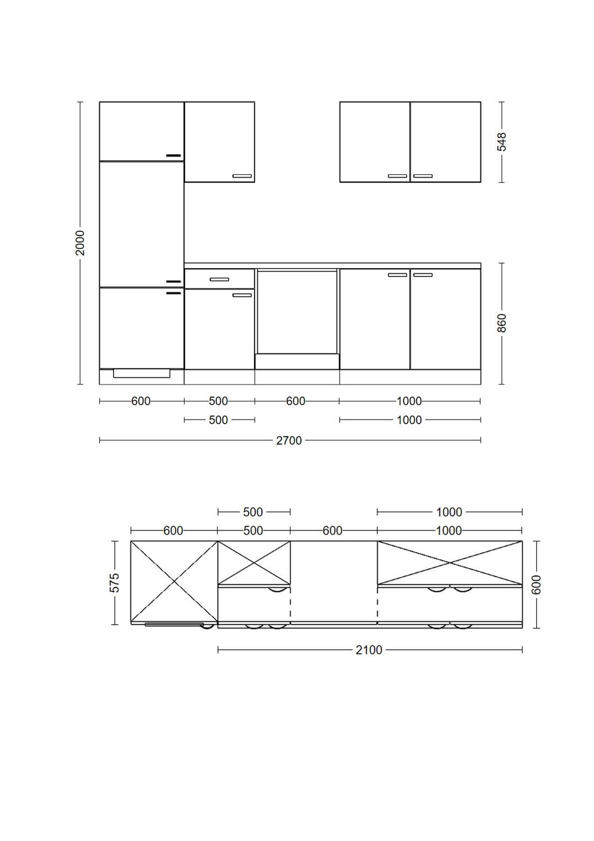 Küchenzeile Alba Ohne Geräte 270 Cm Weiß/schiefer - Schieferfarben/Weiß Hochglanz, MODERN, Holzwerkstoff (270cm)