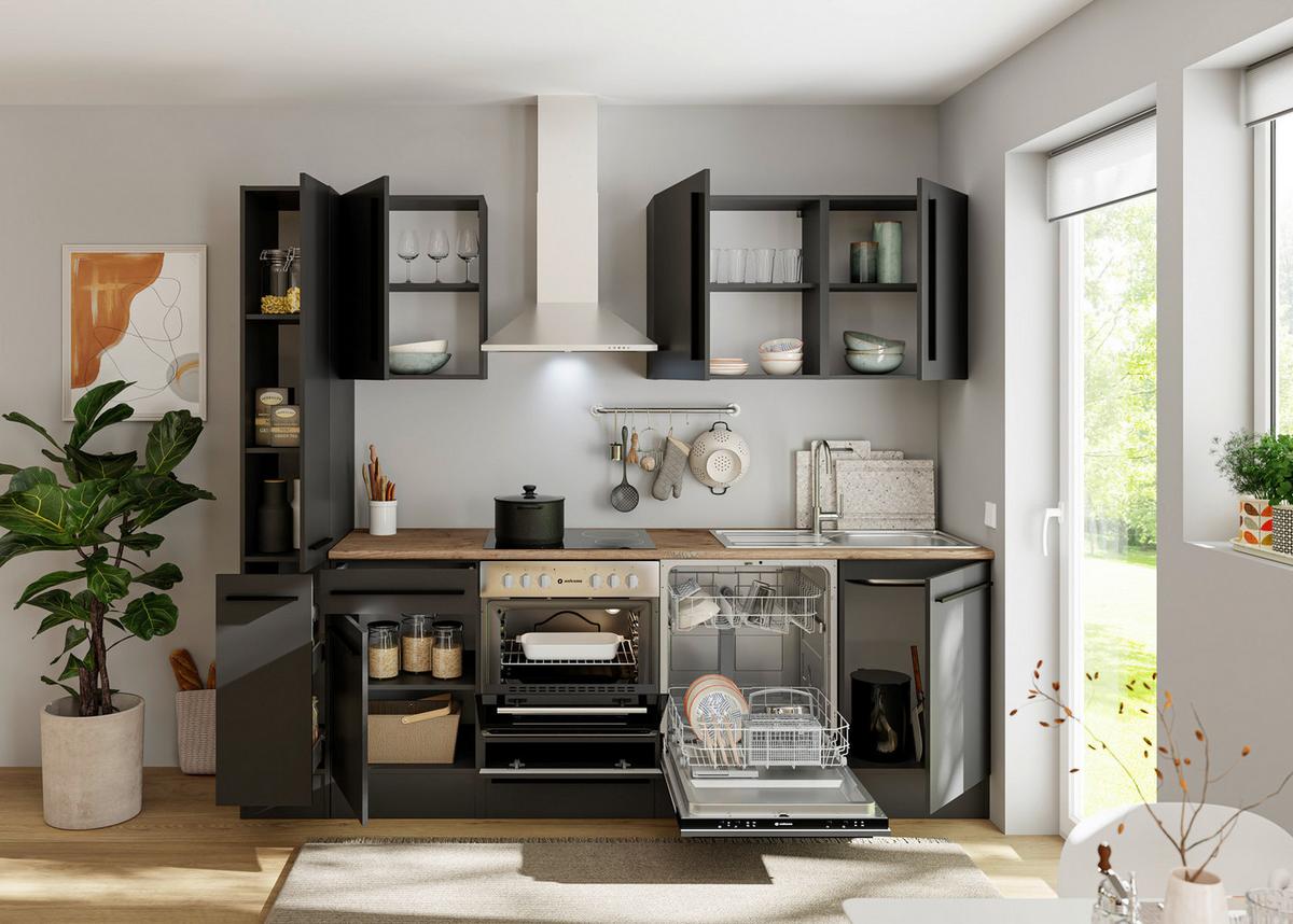 Küchenblock Jazz 8 250 Schwarz B: 250 cm - Eichefarben/Schwarz, LIFESTYLE, Holzwerkstoff (250cm) - P & B