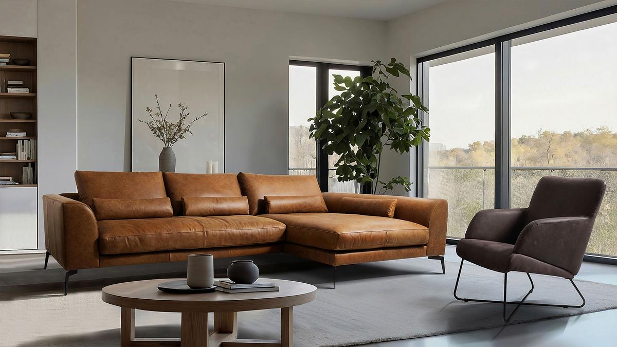 Ecksofa Berlin Cognac S: 313 cm - Cognac/Schwarz, Design, Leder (313/172cm) - Livetastic